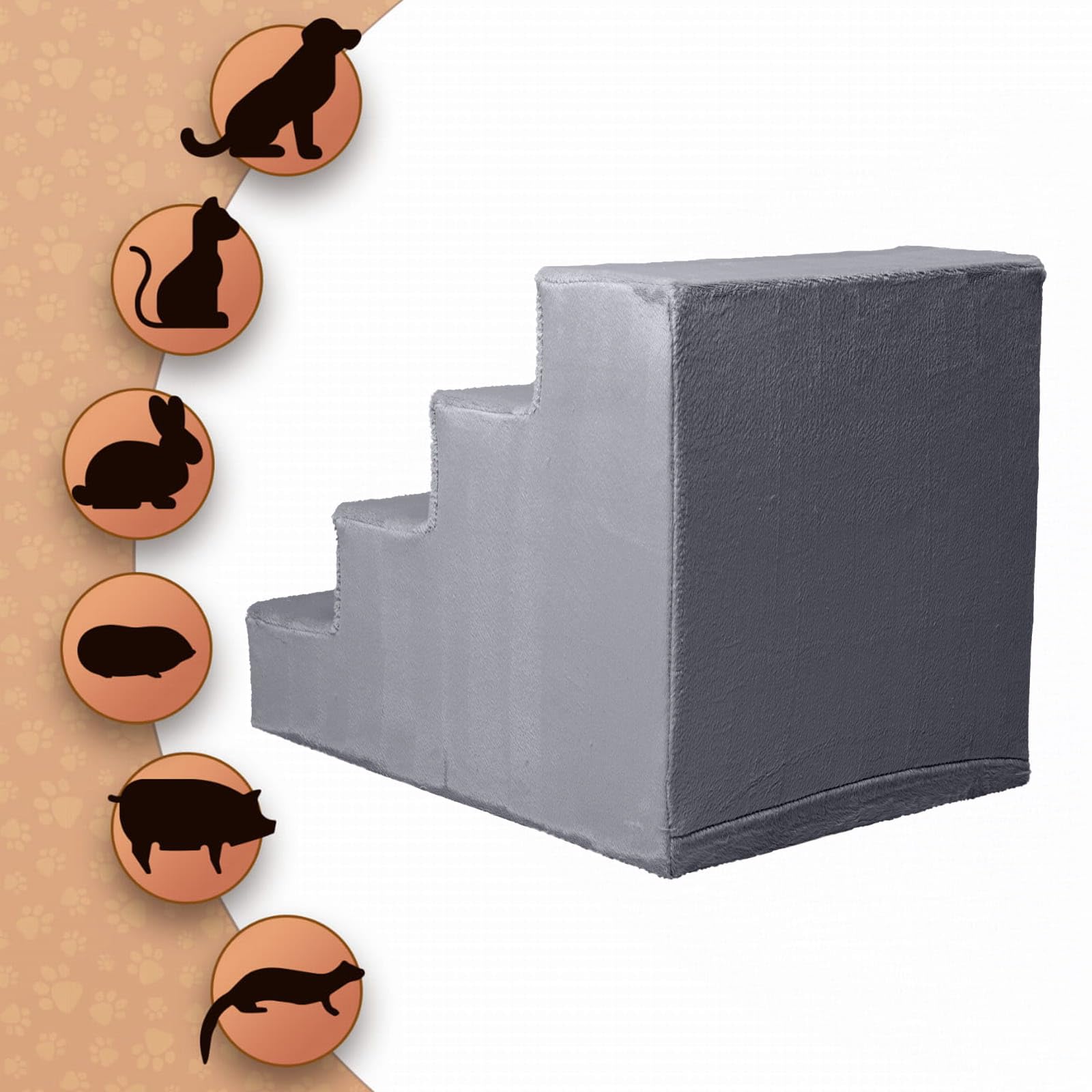 Mg Design Hundetreppe 4 Stufen in Grau – Stabiler Holzrahmen, gelenkschonend, leicht & mobil, für Sofa & Bett, für Hunde & Katzen