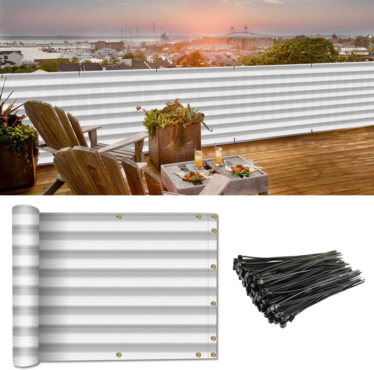 Coarbor 3'x103' Privacy Fence Screen Mesh for Balcony, Porch, Deck, Patio - 160GSM, Up to 90% Blockage - Grey/White Strip