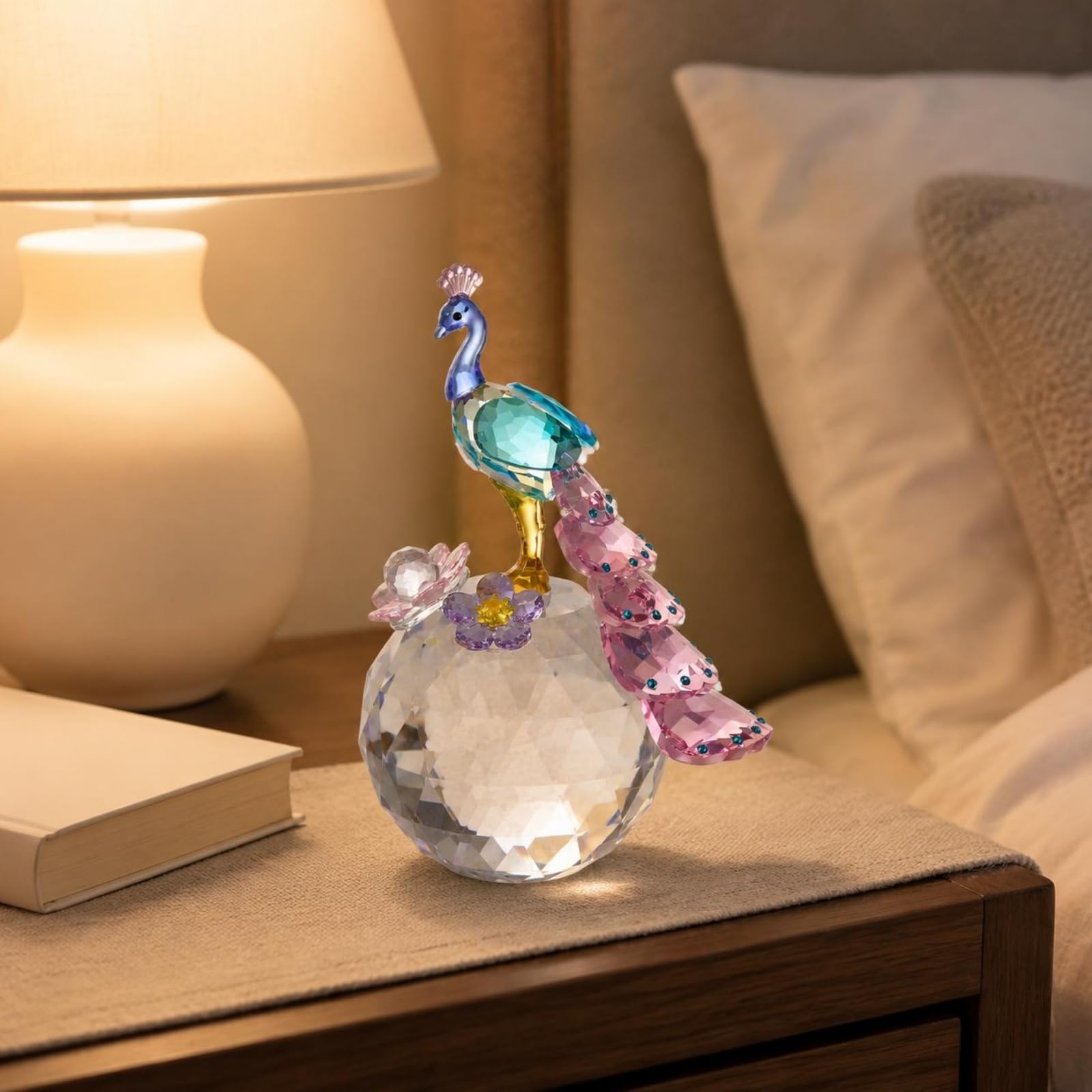 Figurita de Cristal Estatua de Esfera Decorativa Adorno de Mesa Composición de Cristal Tallado con Plumas y Flores Finitas Adecuada para Sala, Rosa, Style to 1