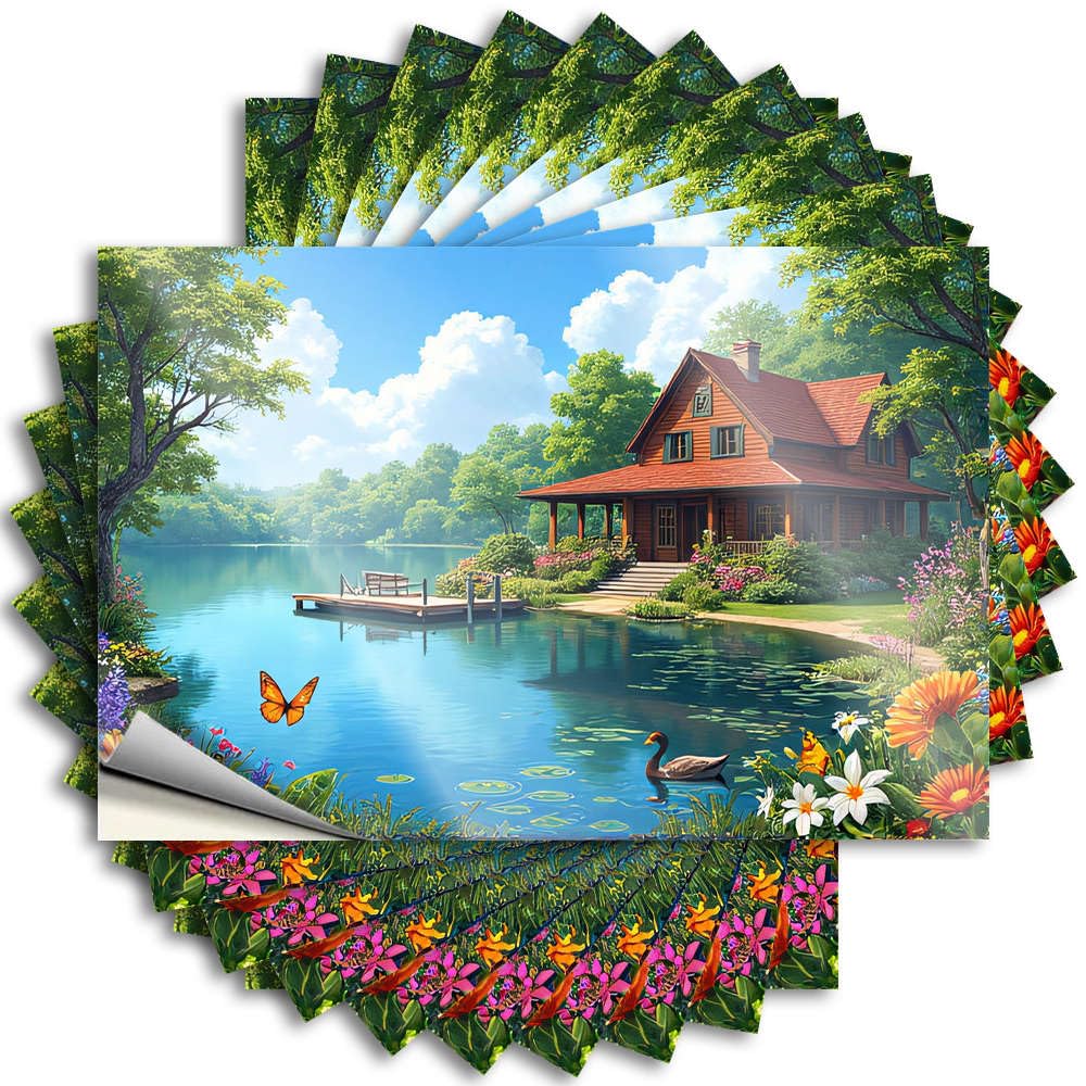 Fzfn Men's Colour A Serene Lakeside Cottage Surrounded By Vibrant Flowers Saying | Cool Bumper Removable Decal Pack(8X12cm)