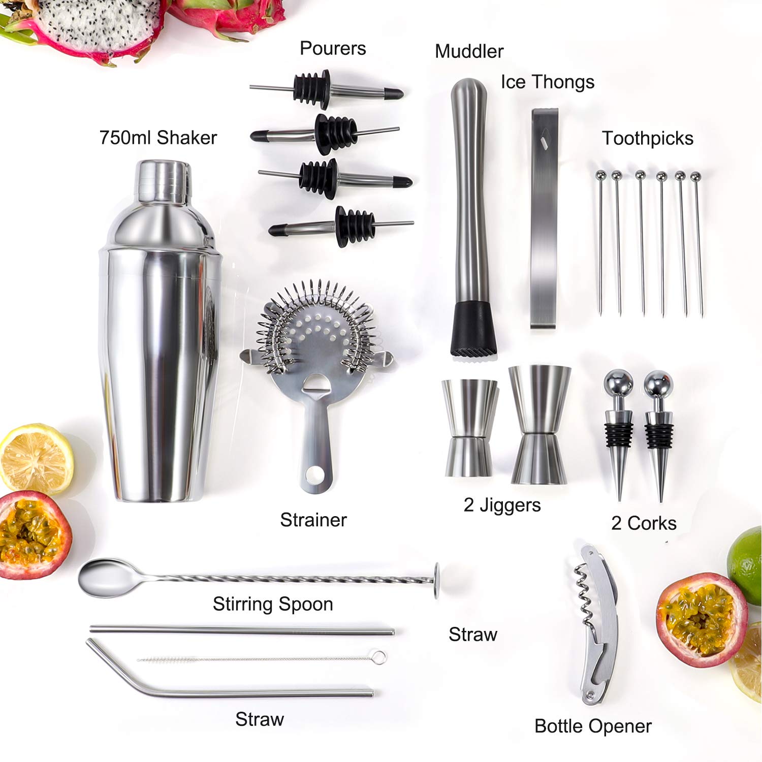 Coctelera de Cóctel 750 ml,Cocktail Shaker Set en Acero Inoxidable Kit Cocktail 16PCS para Vino,Boston,Bebida,Bar,Fiesta,Regalo de Familia