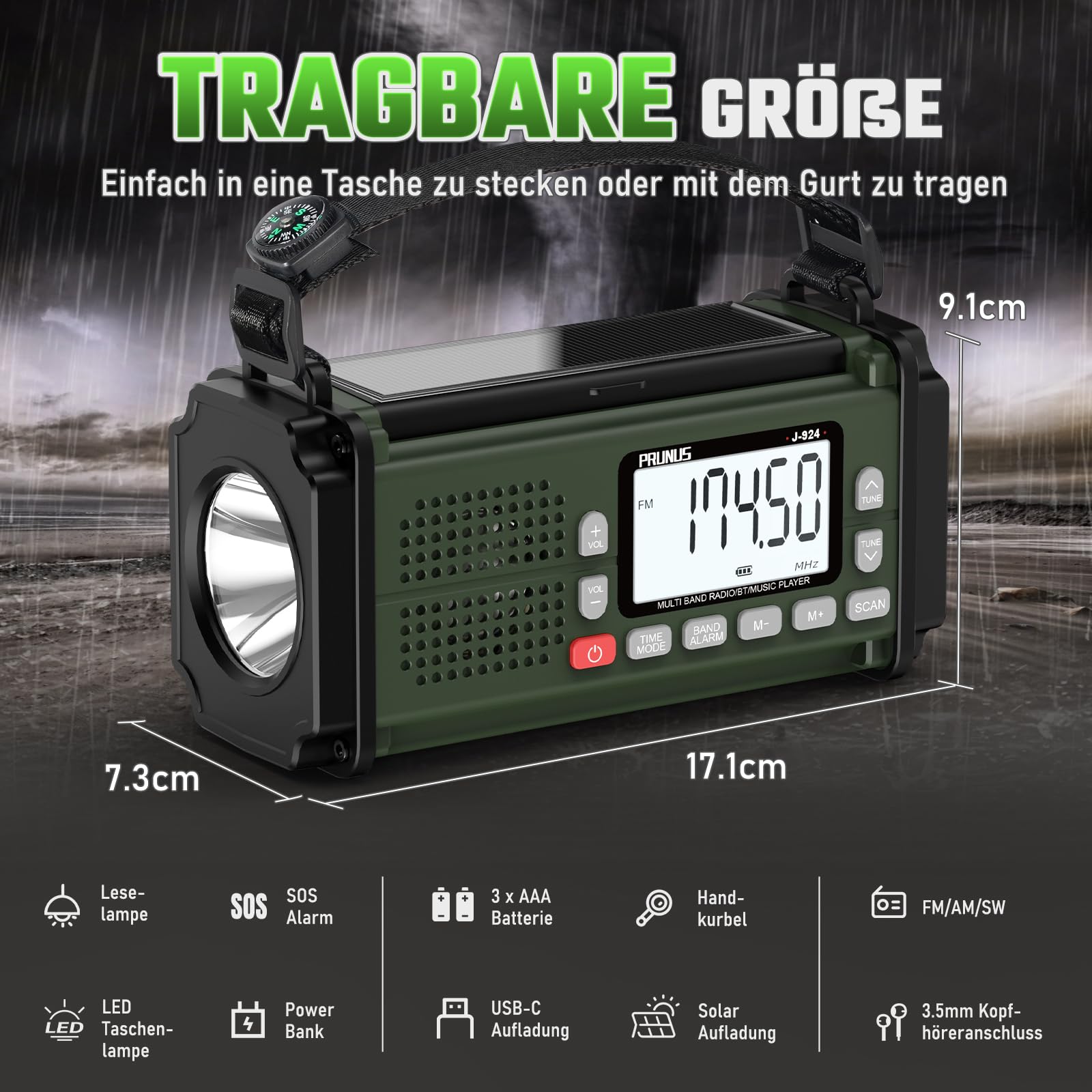 PRUNUS J-924S AM/FM/SW Kurbelradio Notfall Weltempfänger, Notfallradio mit 10000mAh Akku, Solar Radio Survival Ausrüstung mit Taschenlampe/SOS Alarm/Handyladefunktion für Ourdoor, Blackout, Notfall.