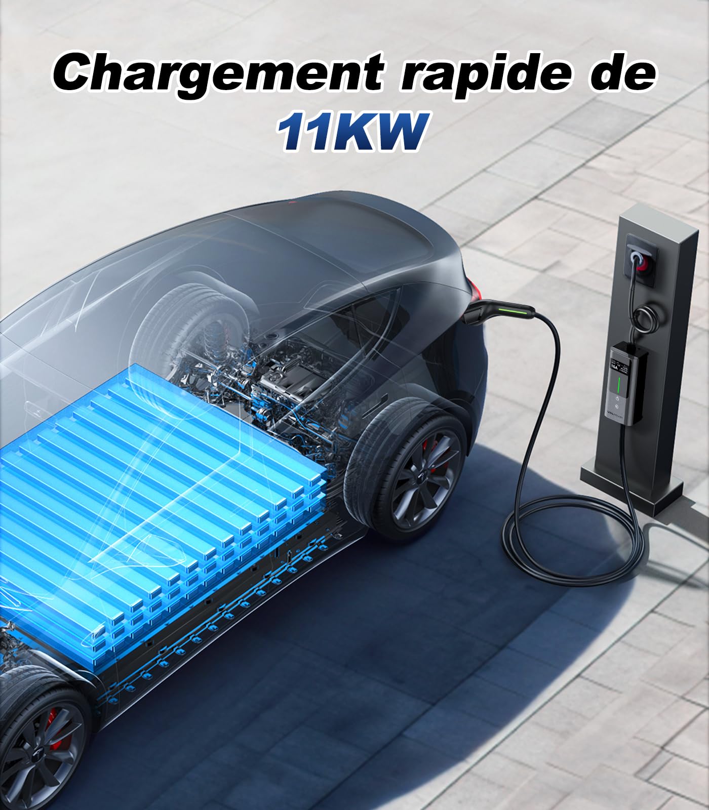 Chargeur Voiture Electrique | 6-16A | 11kW | 5 Mètre Type 2- Triphasé CEE Portable EV Chargeur Station de Charge Mobile/Wallbox, Puissance réglable, Temps de réglage