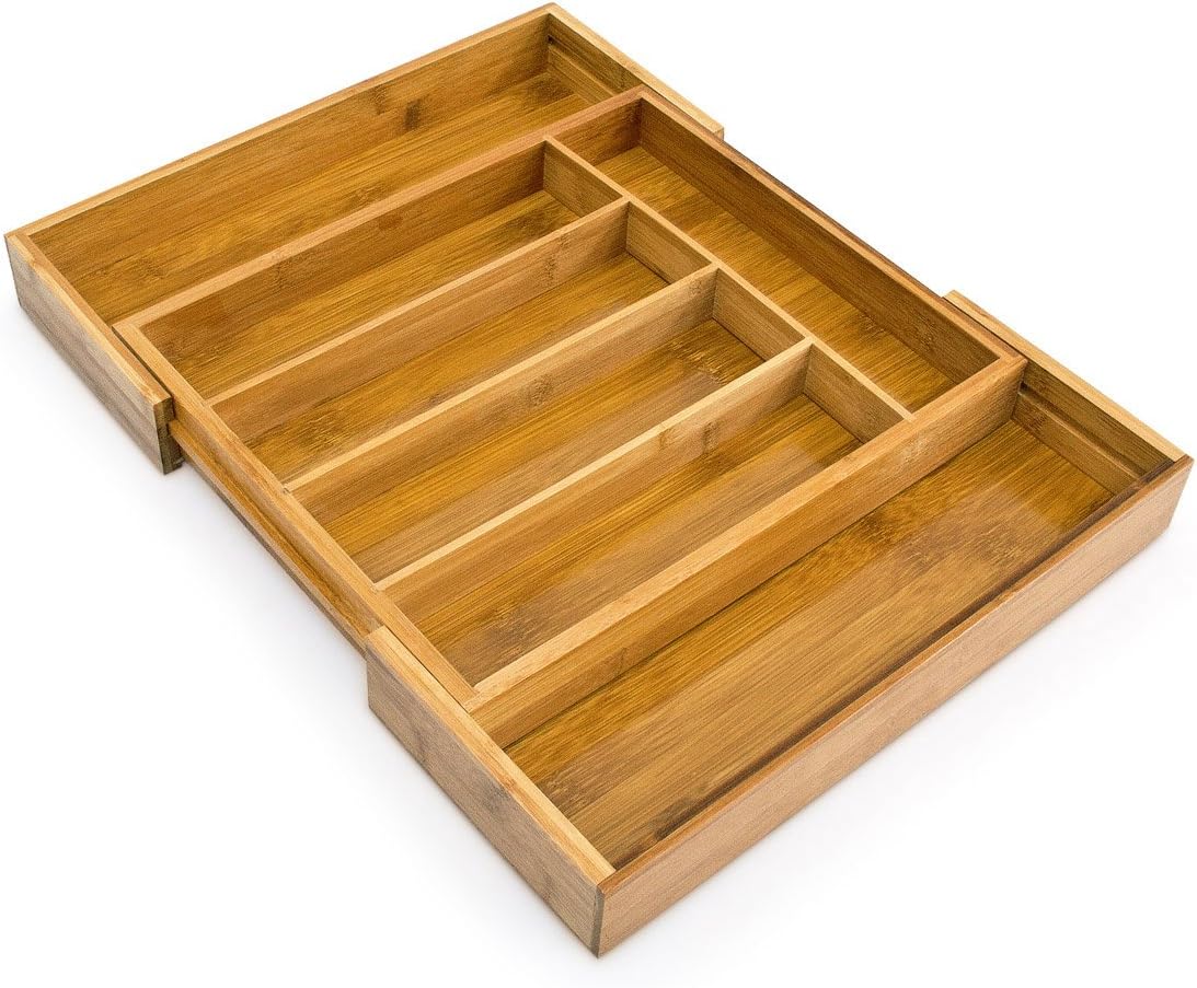 Bamboo cutlery tray, 5 - 7 compartments, adjustable cutlery tray for the drawer, width 31.5 - 49 cm, natural