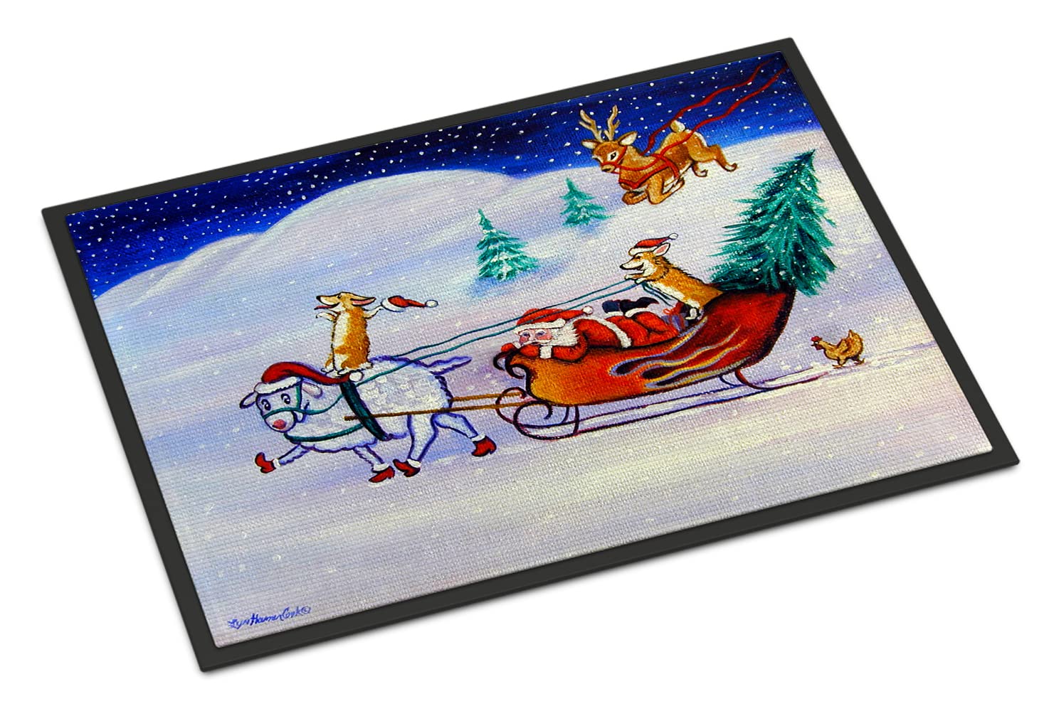 Caroline's Treasures 7442JMAT Corgi Highhacked Santa Claus Sleigh Doormat 24x36 Front Door Mat Indoor Outdoor Rugs for Entryway, Non Slip Washable Low Pile, 24H X 36W