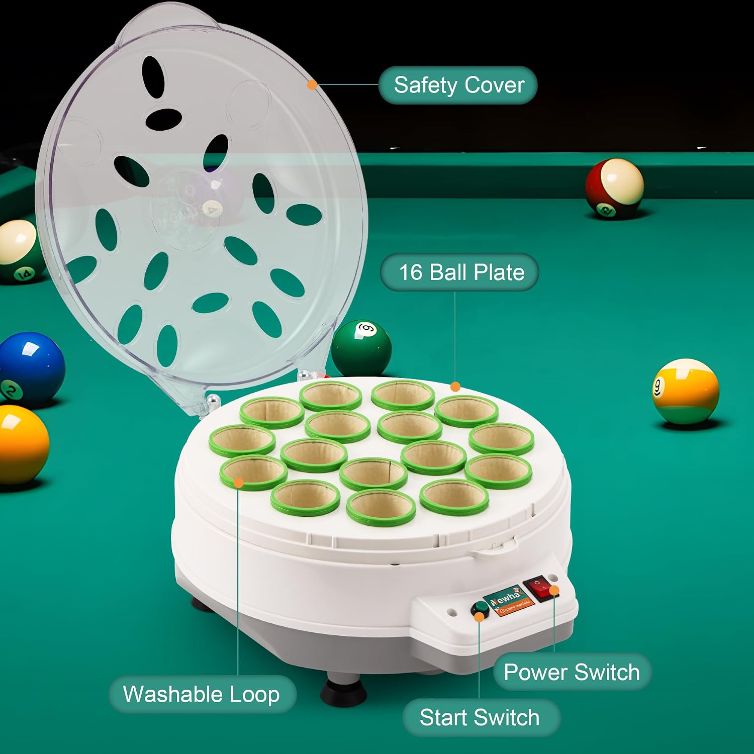 Newhai Upgraded Pool Ball Cleaning Machine Electric Billiard Ball Cleaner Polishing Machine Automatic Snooker Washing Machine 16 Balls 110V