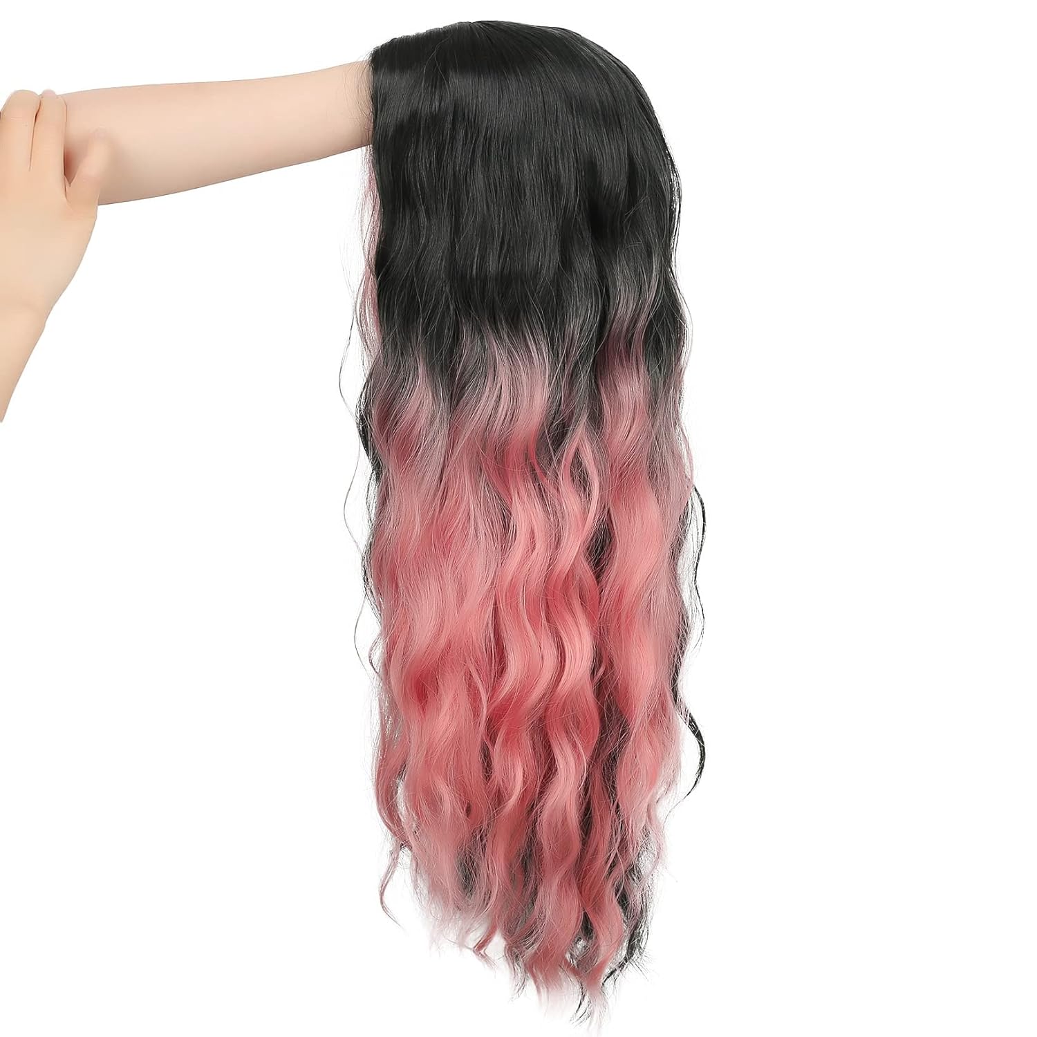Swiking Half Pink Half Black Wigs for Women Long Curly Wave Synthetic Hair Heat Resistant Natural Full Wig for Daily Party Cosplay Halloween