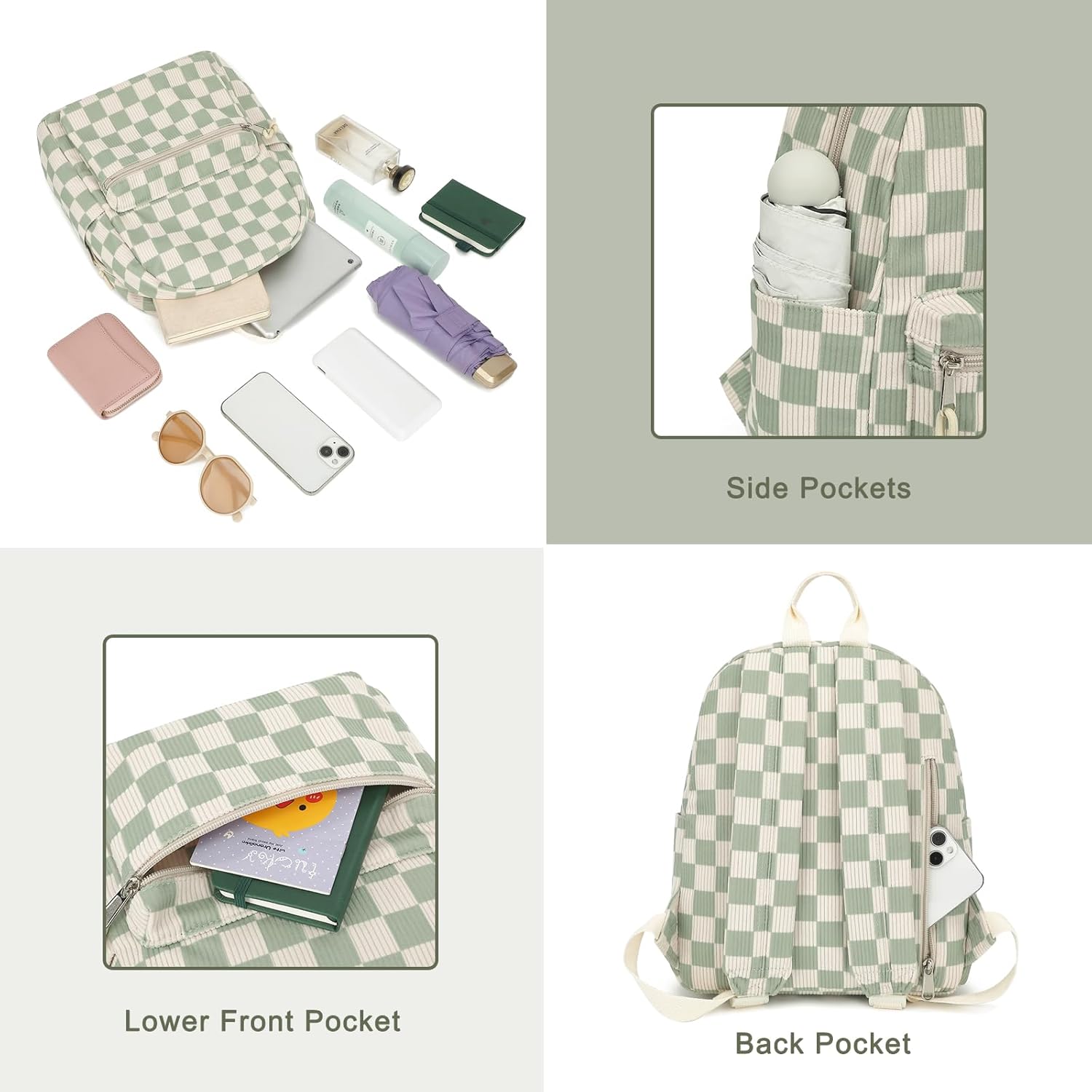 Corduroy Mini Backpack Purse Fashion Small Backpack Casual Daypack for Women Girls School Travel (Checkered Green) - Image 3