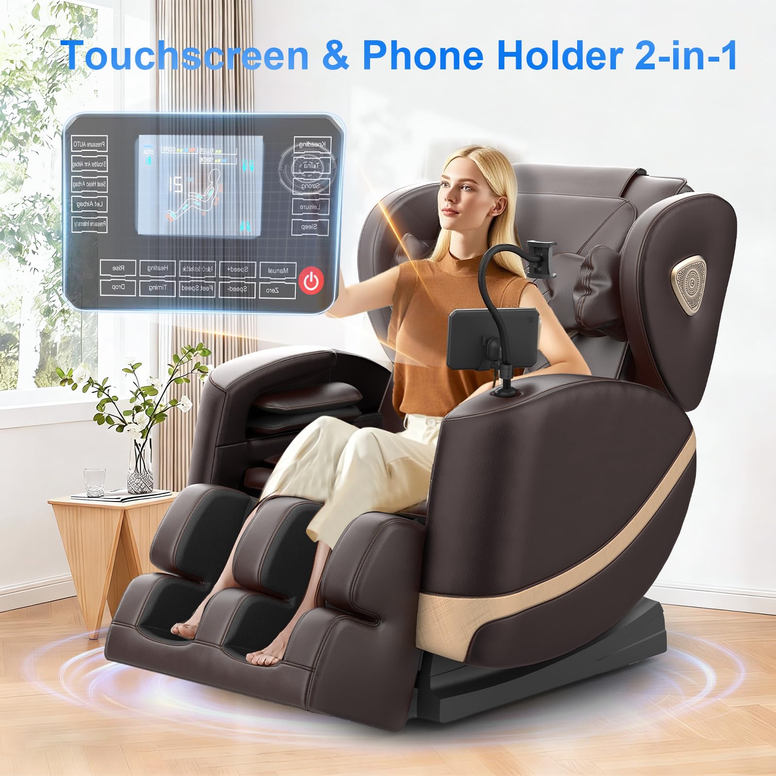 Sillón de Masaje, con Modo de Gravedad Cero, 14 Ruedas y 8 Airbags de Confort, con Calefacción para Cintura y Piernas, Masaje de Pies, Reproductor Bluetooth y Pantalla Táctil (Marrón)