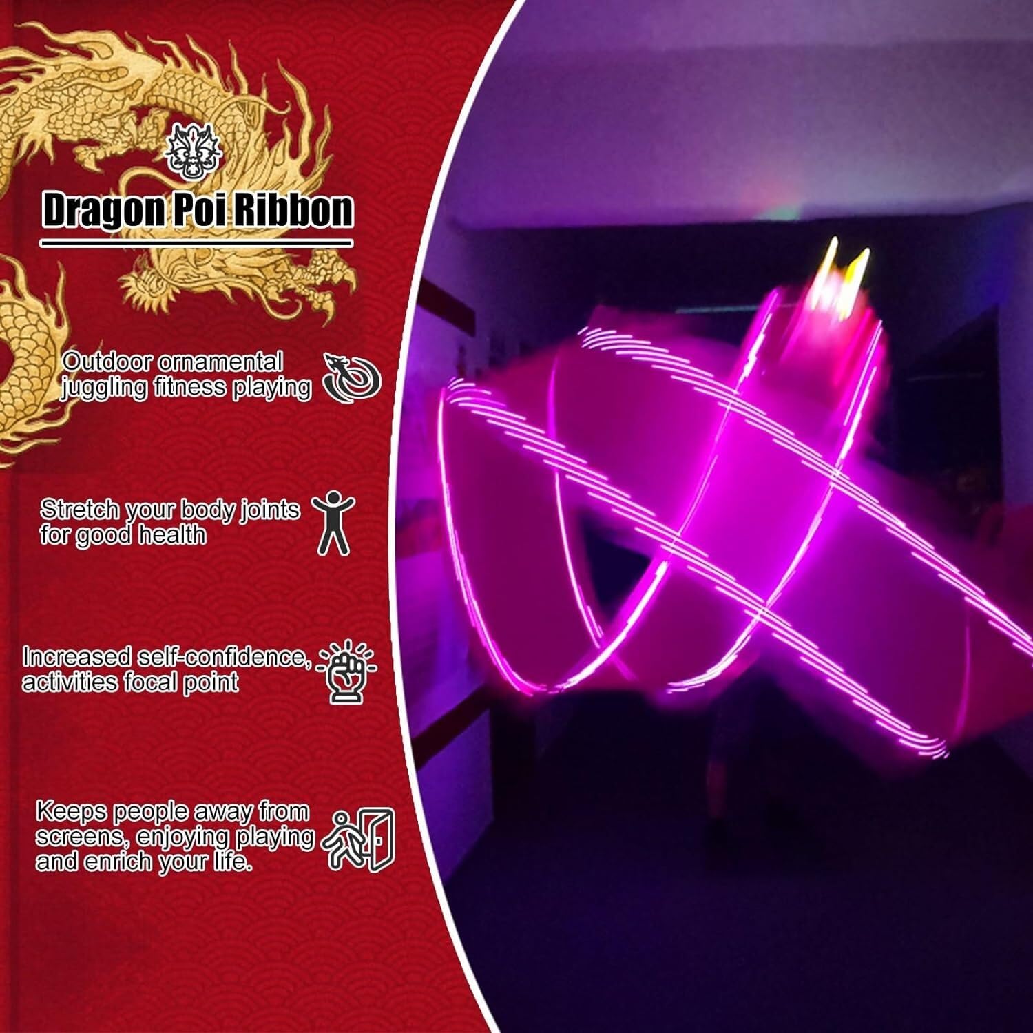 TFG - Ttfd White Dragon Glow Ribbon, Outdoor Sports Fitness Dragon Dance Flag with Header Flashing Glow Silk Dragon Ribbon(10 m (33 ft))