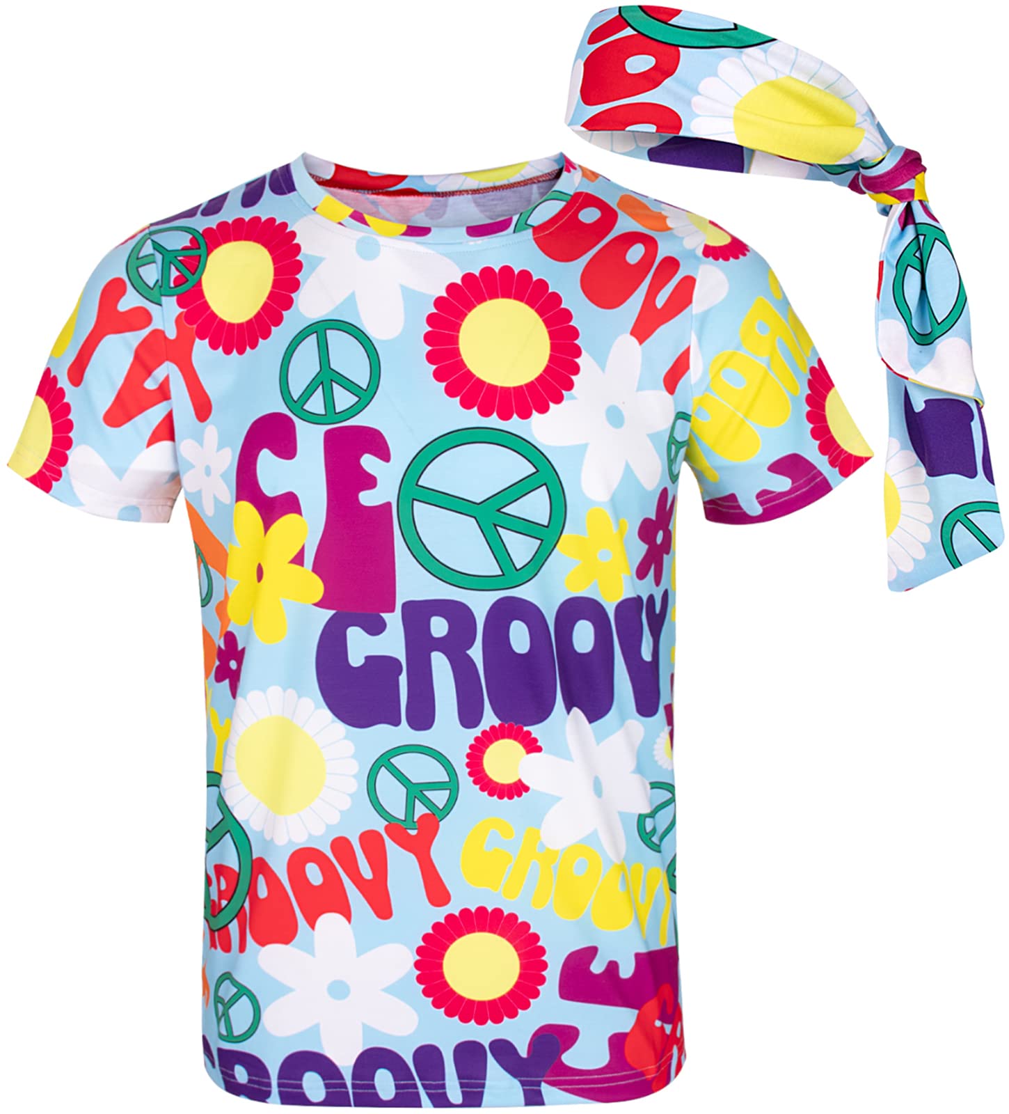 Cosavorock Men's Colorful 60S 70S Hippie Costume Groovy Hippy Fancy Dress T-Shirts With Headbands, L