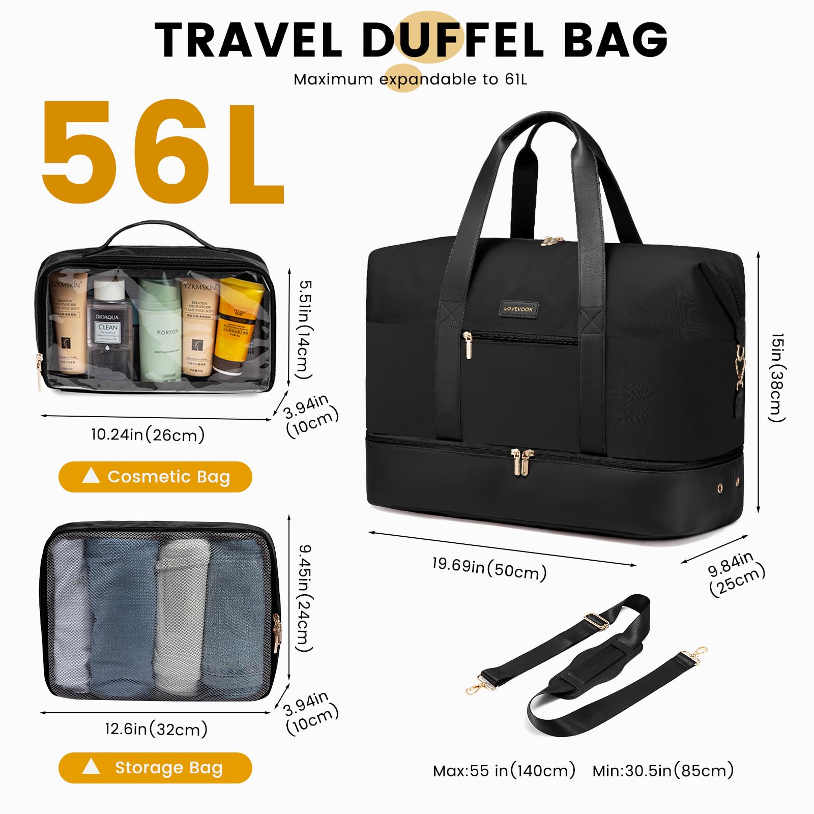 LOVEVOOK Borsone Da Viaggio Donna, Grande Borsa Da Viaggio, 56L Borsone Nascita Ospedale, Bagaglio a Mano 50x38x25, Borsone Palestra Duffel Bag Borsa Piscina, Nero