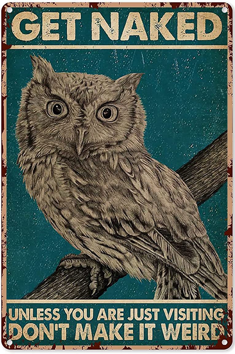 Funny Bathroom Signs Metal Get Naked Owl Poster Tin Sign for Office/Home/Classroom Bathroom Decor Gifts Best Farmhouse Decor Gift for Women Men Friends 8x12 inch