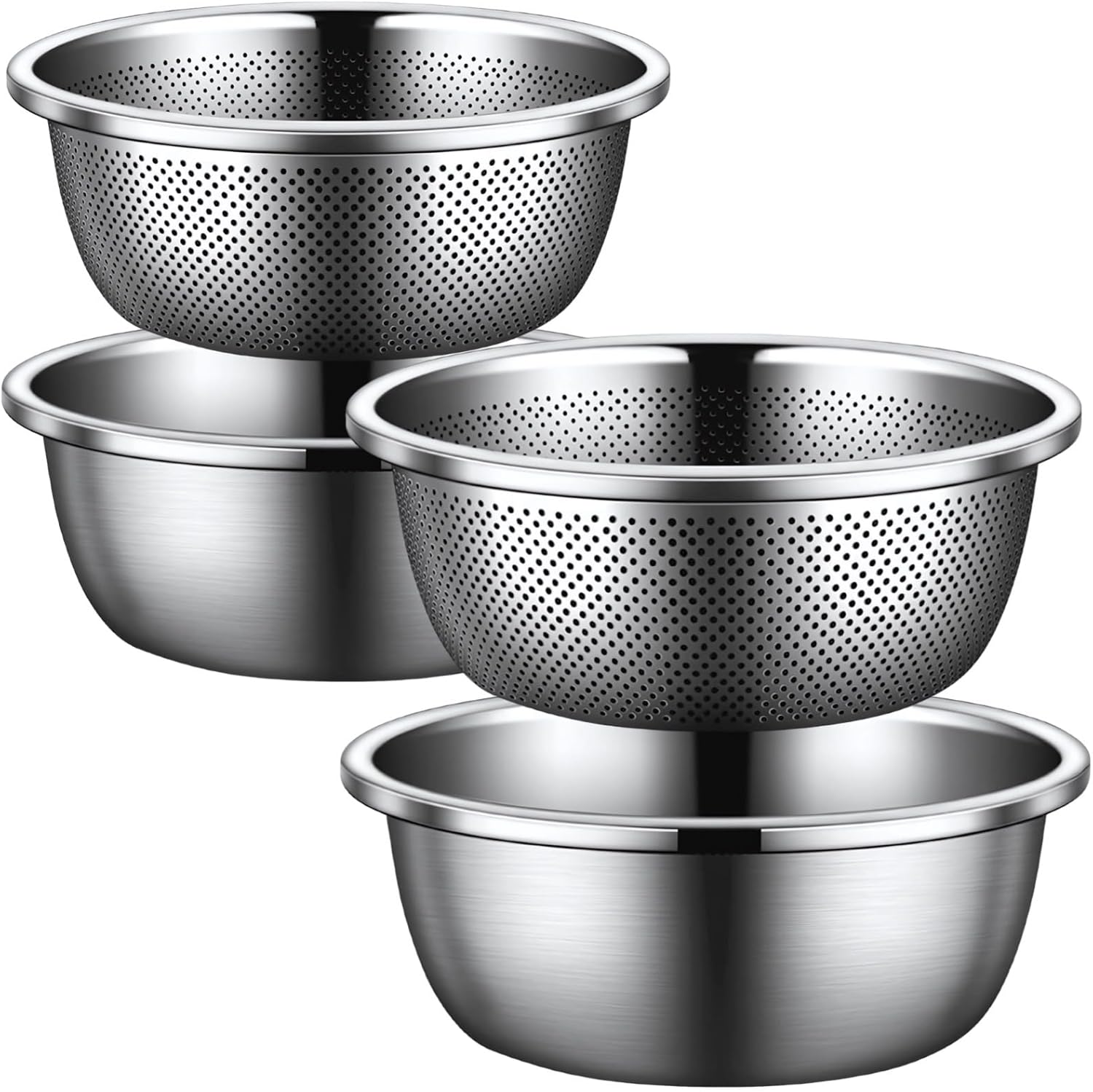 4 Pieces Stainless Steel Mixing Bowls with Strainer and Drain Basket, Solid and Perforated Bowls at 24 Cm/9.45 in and 30 Cm/11.8 in, Rust-Resistant Kitchen Aides for Washing and Draining