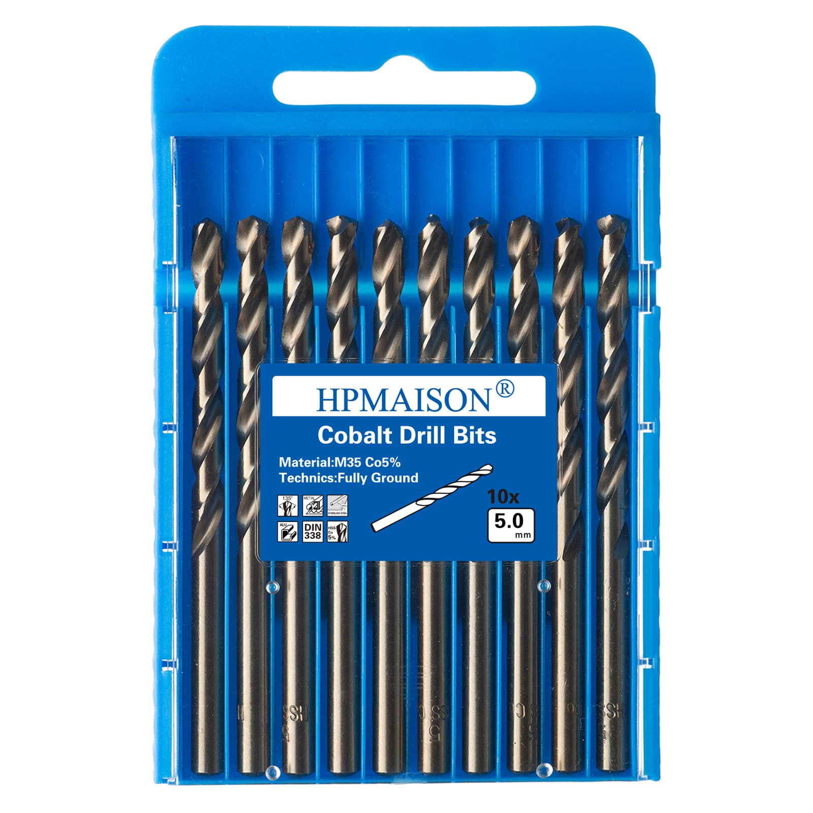 HPMAISON 10 Piezas Juego de M35 HSS Brocas de Cobalto 5mm Broca espiral para Acero Inoxidable, Metal, Cobre, aluminio, Plástico, Madera