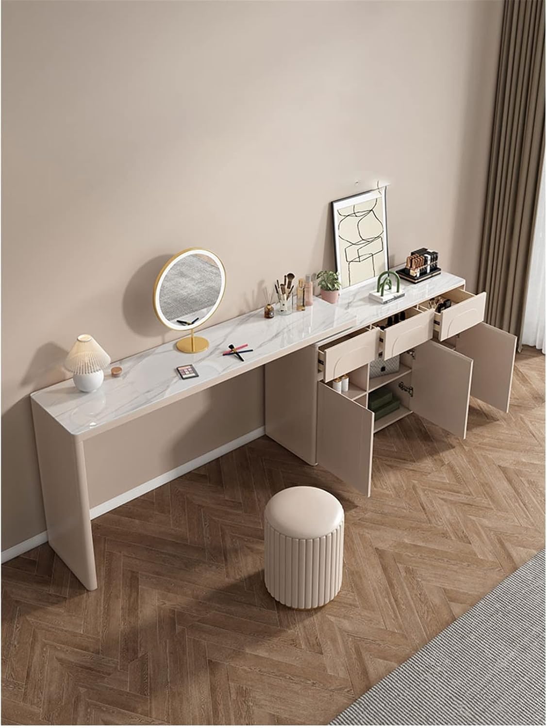Vanity Dressing Table Set Luxury Makeup Bench with 3 Colors Led Hd Mirror,Comfortable Stool Drawers Cabinet,Modern Simple Style,for Girl's Gift (Size : 160CM Side Cabinet) ()