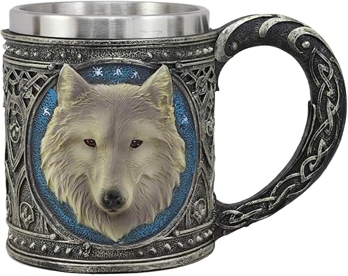 Miniatura 2 de Ebros Gift Alpha Direwolf - Taza de resina mágica tribal celta de 16 onzas con borde de acero inoxidable para café, té, cereales, bebidas,