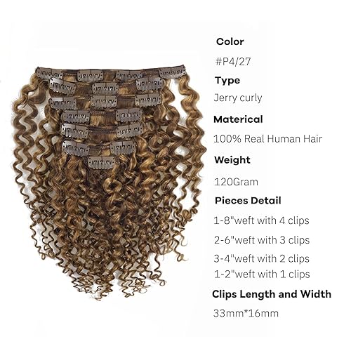 Miniatura 2 de Loxxy Extensiones de cabello humano real con clip, rizo 3B y 3C, 18 pulgadas, color natural, rizado Jerry, grado 8A, #P427, extensiones de cabello