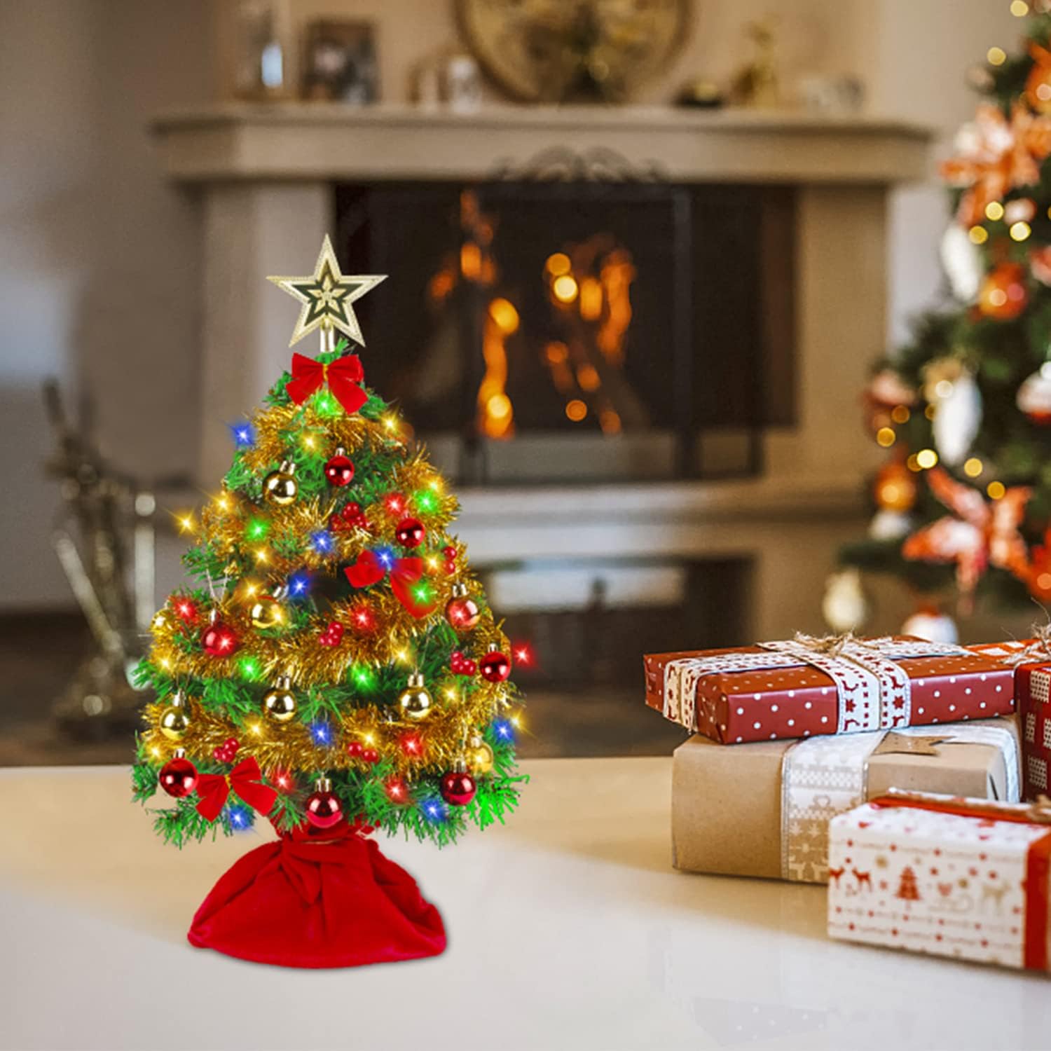 24 Inch Mini Christmas Tree Small Table Top Real Feel Artificial Pre Lit Decoration Ornaments Xmas Pine Decorated Miniature Little Desktop Potted Decor Gold Clearance 2ft Desk Arbol de Navidad Gift