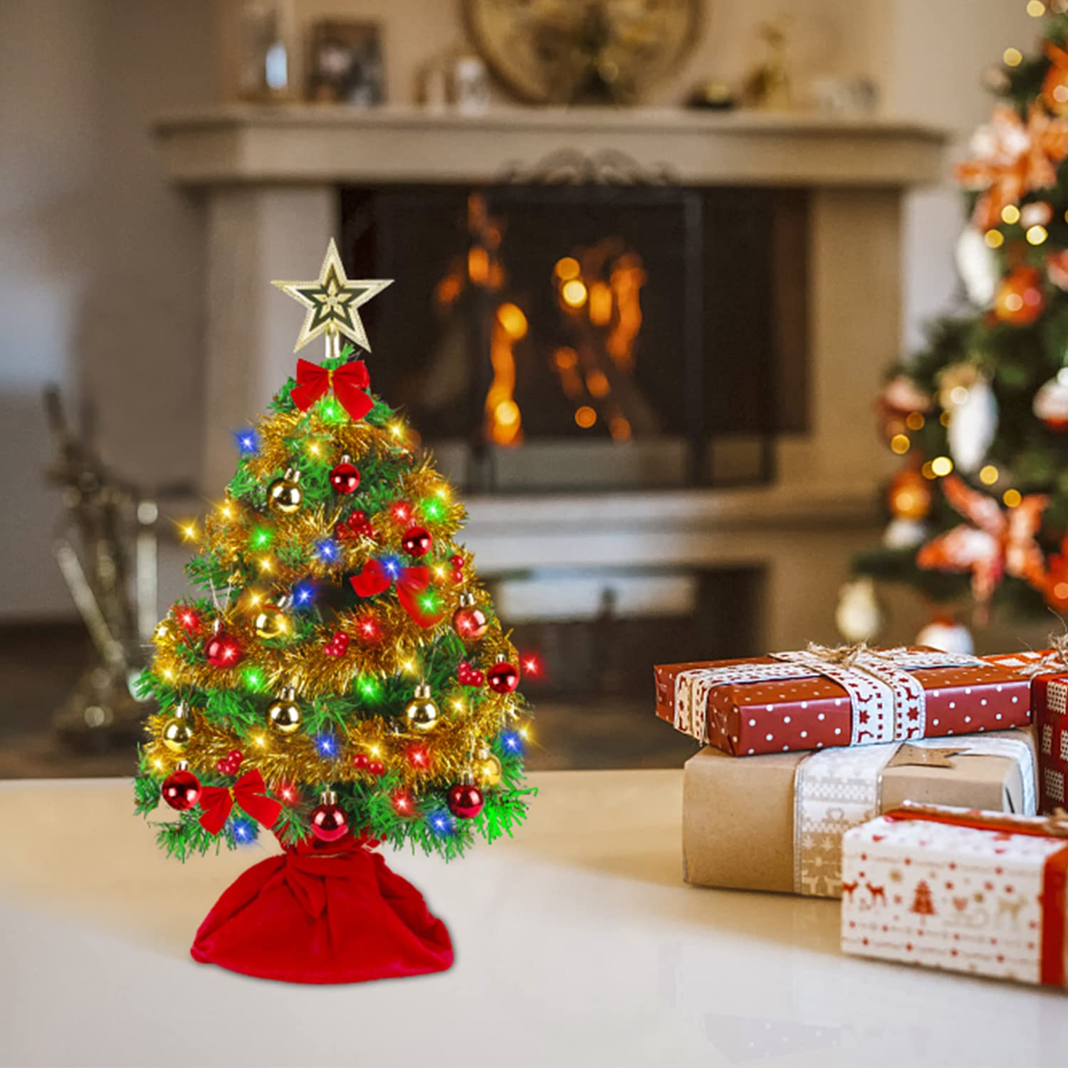 24 Inch Mini Christmas Tree Small Table Top Real Feel Artificial Pre Lit Decoration Ornaments Xmas Pine Decorated Miniature Little Desktop Potted Decor Gold Clearance 2ft Desk Arbol de Navidad Gift