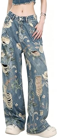 Baggy Jeans for Women Ripped Wide Leg Petite Jean Y2K Floral Printed Pants | Mid-rise loose wide leg, Floral ripped design, Y2K goth casual streetwear, Vintage washed denim, Petite friendly