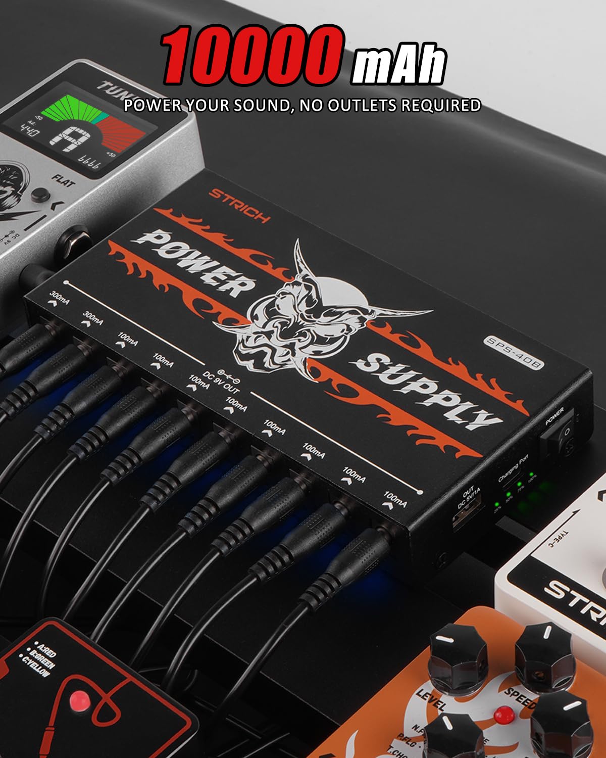 STRICH SPS-40B Pedal Power Supply with Built-in 10000mAh 10 Outputs DC 9V (2x300mA, 8x100mA) Jacks for Guitar Bass Pedals, Rechargeable Battery Guitar Effect Pedal Power, 5V/1A USB Port, Noiselessly