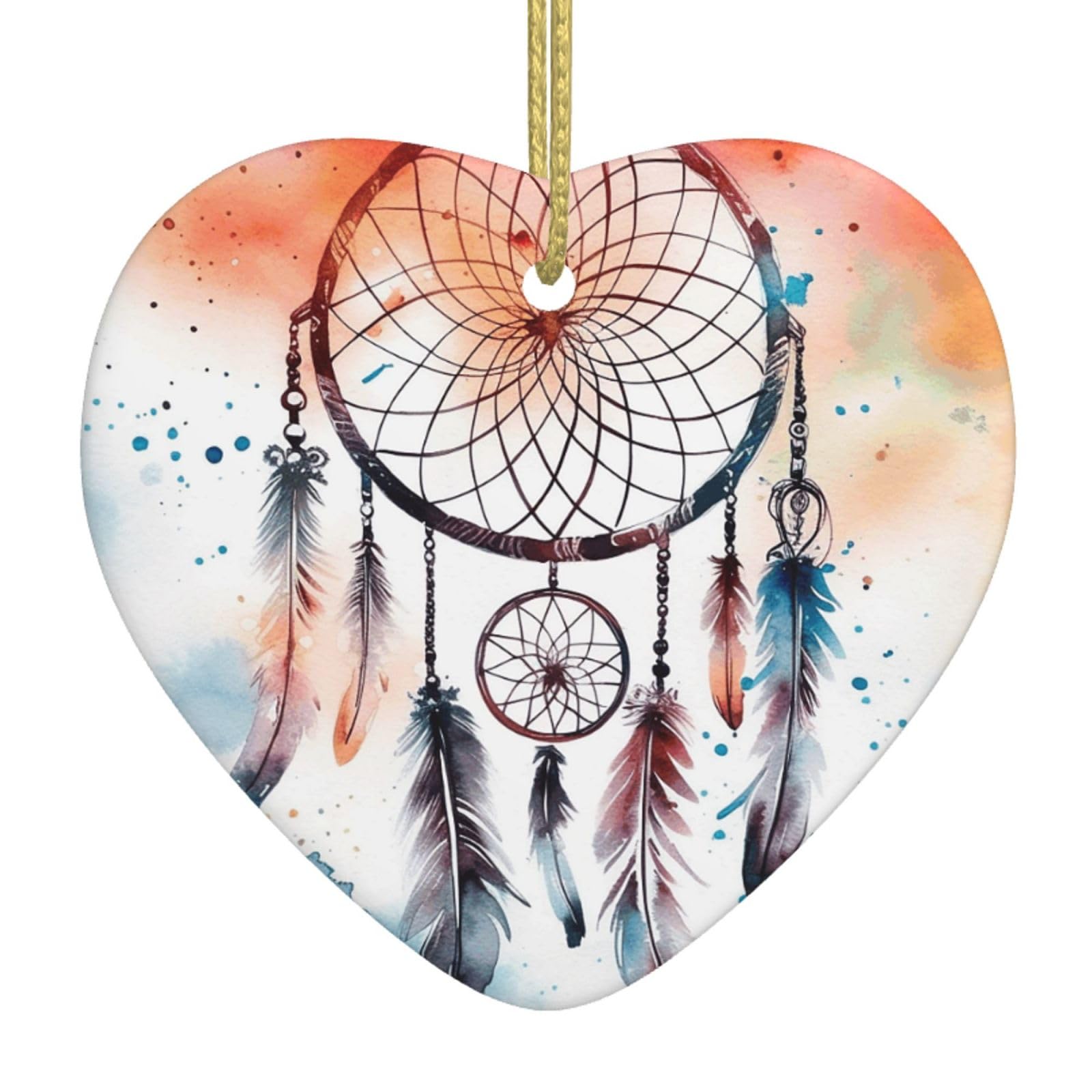 Watercolor Dream Catcher Christmas Ornament 2025 Heart Ceramic Hanging Ornaments for Home Decor Christmas Decorations with Gold Rope Double-Sided Xmas Tree Ceramic Hanging for Holiday Party