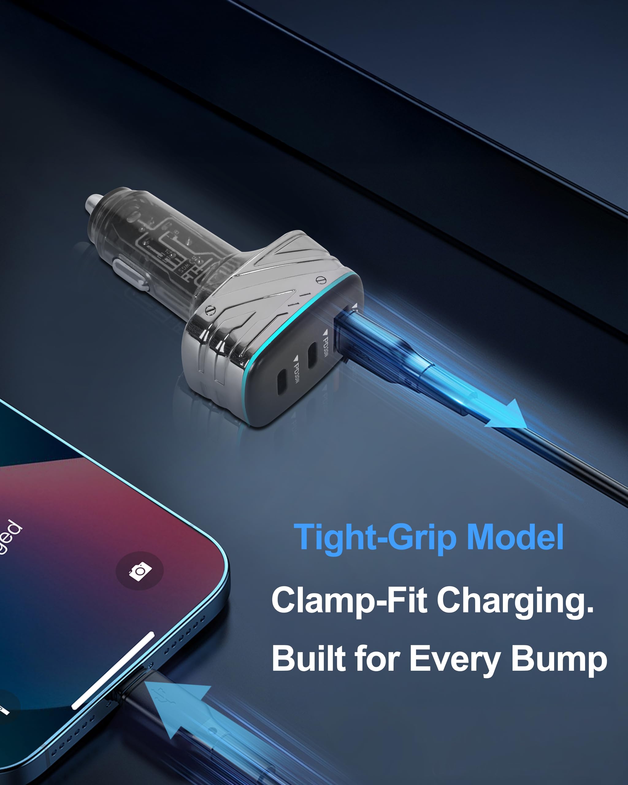 Adaptador de cargador de coche USB C de 82.5 W, 3 puertos (doble tipo C PD y USB-A), carga rápida compacta, luz ambiental azul, para iPhone 16e/16/15/14, Samsung Galaxy S25/24/23, Google Pixel