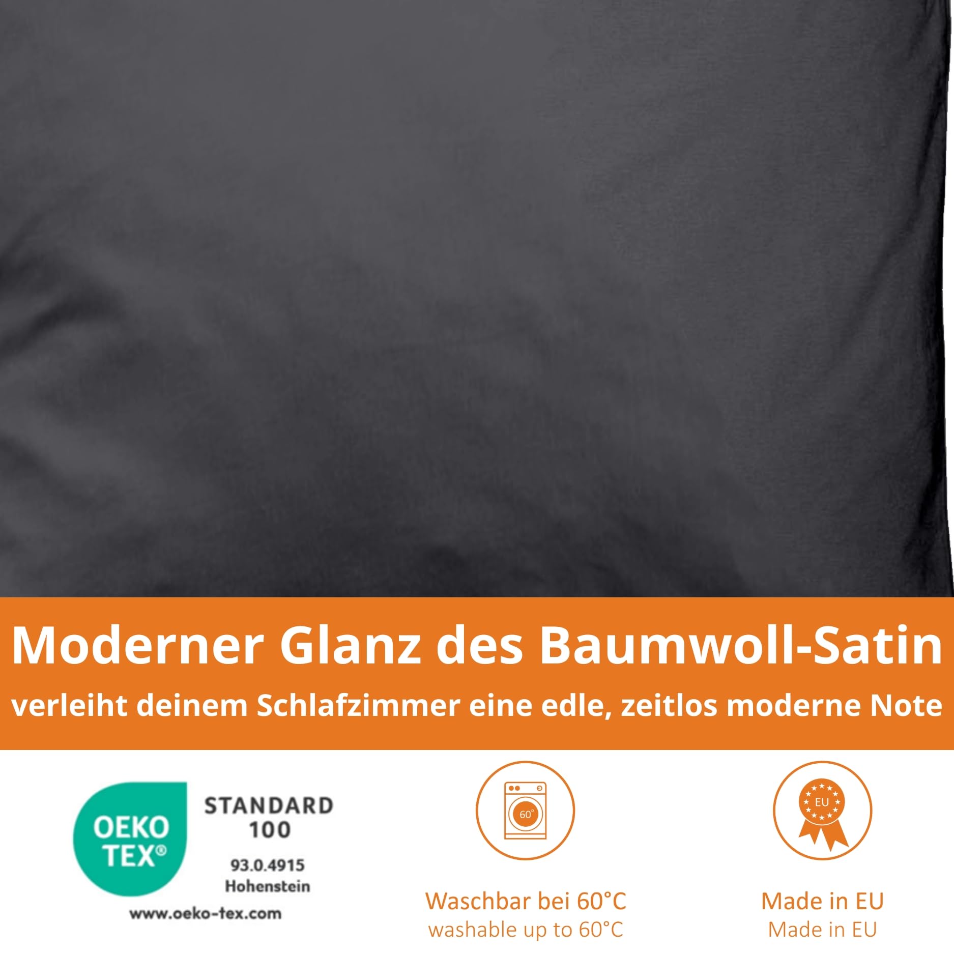 sleepling Satin Bettwäsche, 2-teiliges Set: 1x 155x220cm Bettbezug & 1x 80x80cm Kissenbezug, 100% Mako Baumwolle, Wendebettwäsche, Seidig Weich, Oeko-TEX, Made in EU, Waschbar bis 60 Grad, Anthrazit