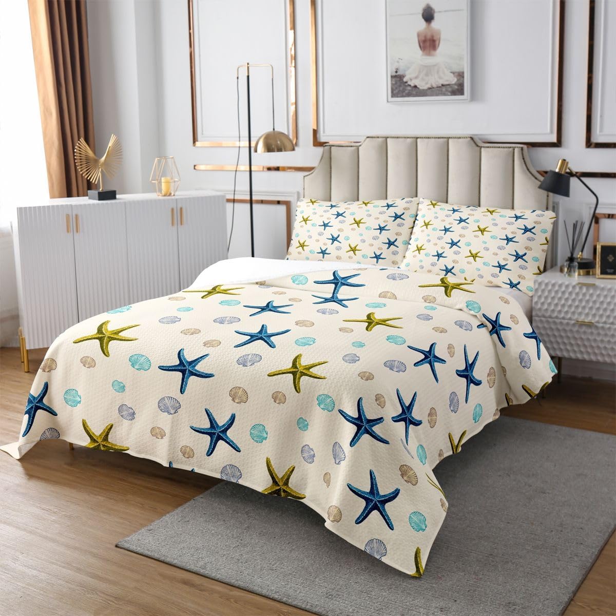Manfei Starfish Shell Beach Bedspread,Coastal Hawaii Quilt Set for Adults Women,Summer Ocean Dreamy Bedding Set,Blue Green 3 Pcs Coverlet Set with 2 Pillow Shams,King Size