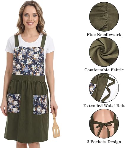 Miniatura 3 de Delantales para mujer, delantal vintage verde oliva con bolsillos, estampado floral para cocinar, hornear, cocina, jardinería