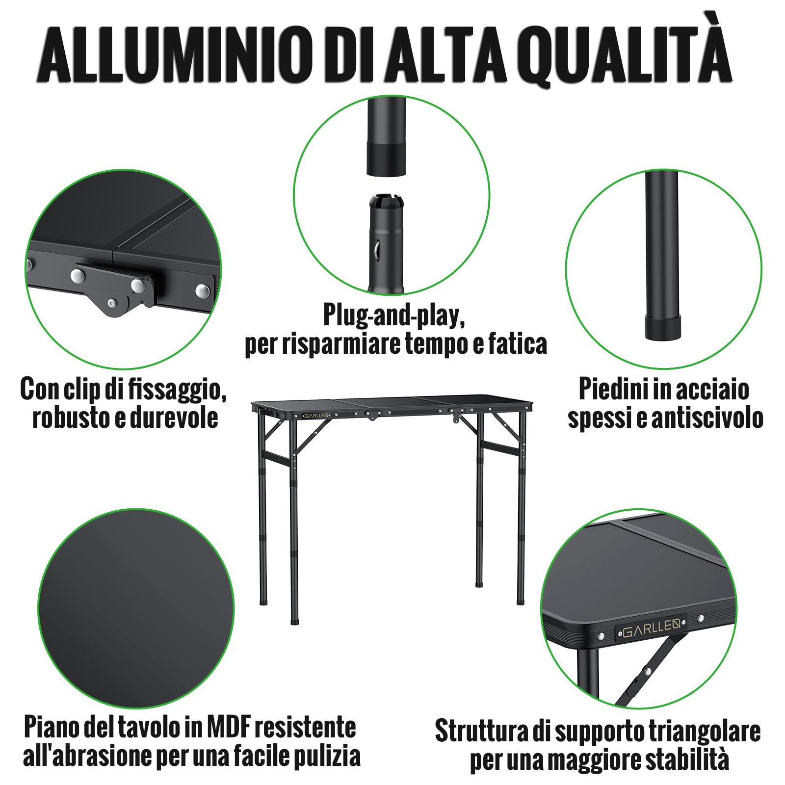 GARLLEN Tavolo Pieghevole Salvaspazio,87x40 cm,3 Altezze Regolabili (26/48/70 cm),Tavolo da Pesca in Alluminio,per Campeeggio Picnic e Spiaggia,3 Pieghe,Nero