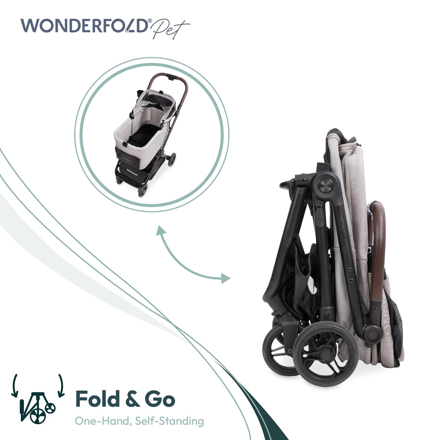 WonderFold Bella Pet Stroller - Autofold Design with Lightweight Aluminum Frame, Breathable Carriage Fabrics and Canopy, Safety Tethers & Easy-Clean Interior - Light Gray