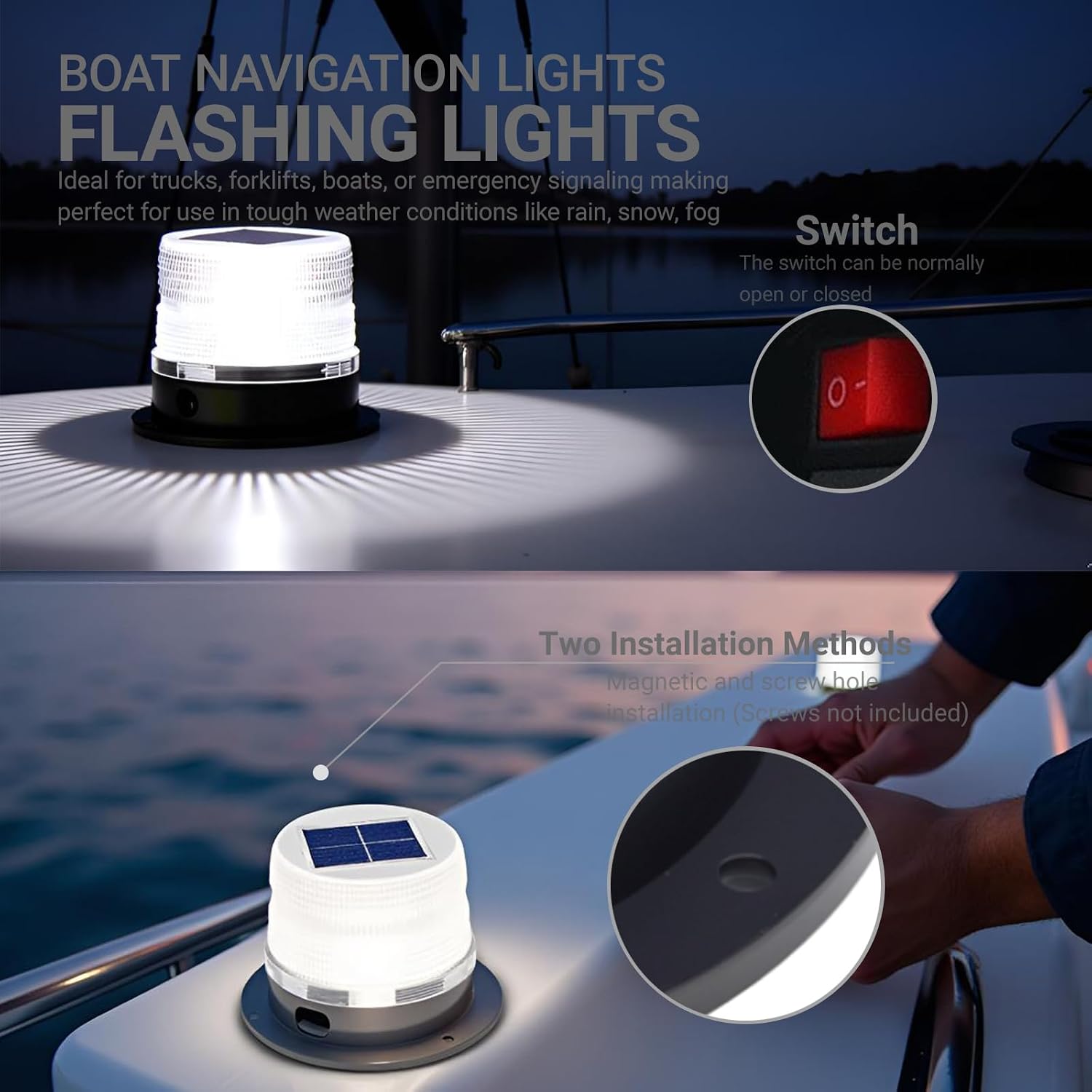 LED Solar Boat Lights for Yacht, Anchor Navigation Light, Magnetic Beacon Strobe Lights, 360° Wireless Outdoor Solar Lights, IP65 Waterproof, PC Material for Small Boats (White)