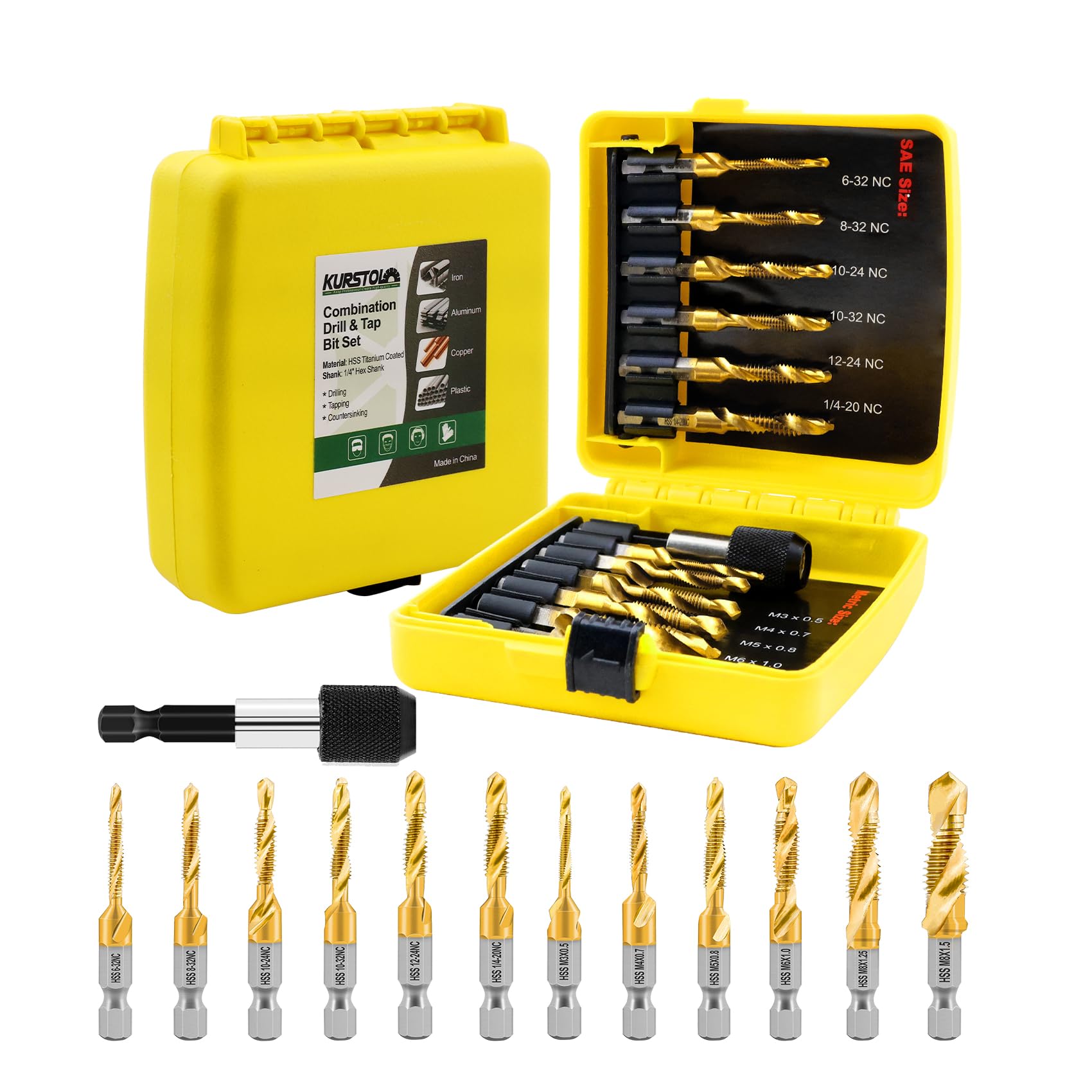 KURSTOL HSS Tap Bit Set - 13pcs SAE/Metric Combination Drill Tap for Drilling, Tapping, Countersinking, Titanium Combination Drill with Quick Change