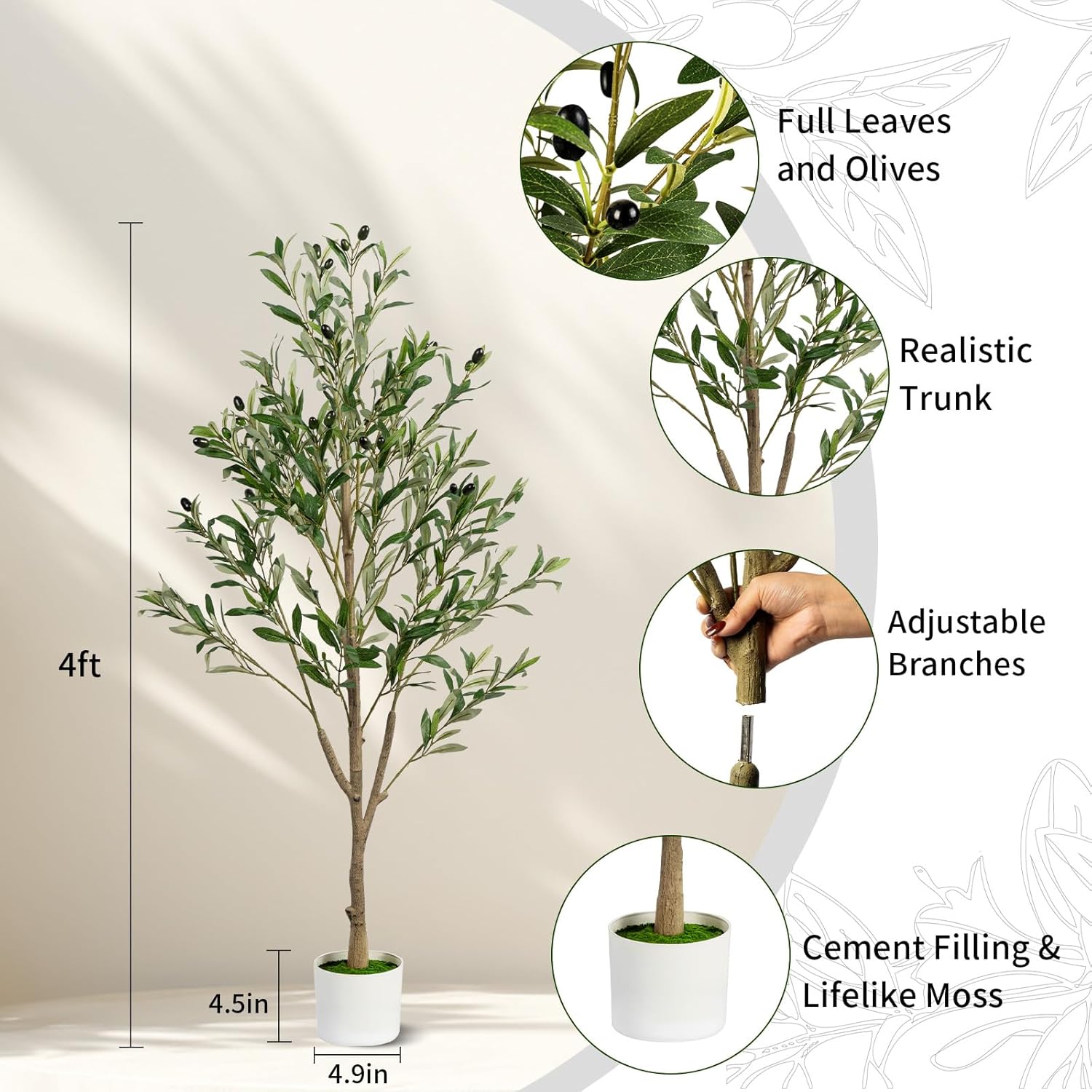 4FT Artificial Olive Tree, Indoor Faux Olive Tree Fake Potted Silk Olive Tree Plants with Lifelike Branches & Fruits for Home Office Decor