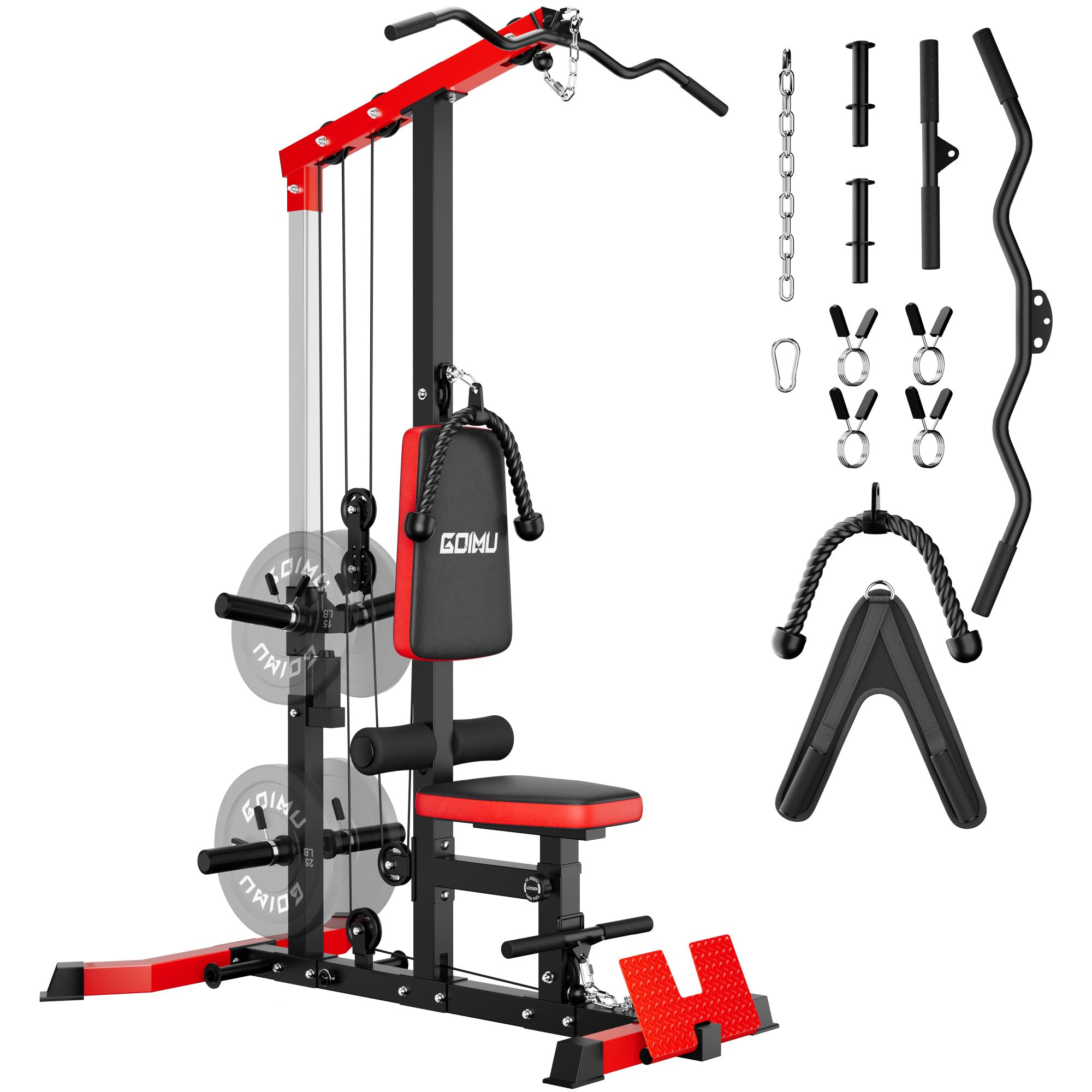 GOIMU LAT Pulldown Machines, LAT Row Cable Machine, LAT Tower with Additional Pulley Cable, High & Low Pulley Stations(Red)
