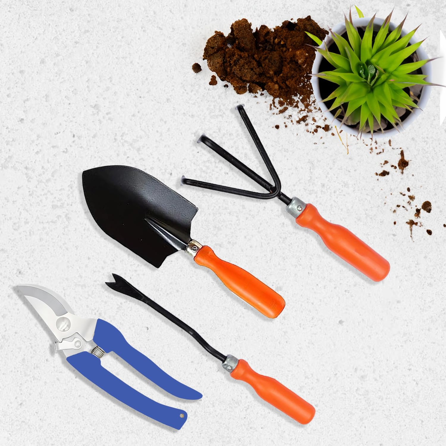 Garden Tools Kit Set of 4 (Cultivator, Big Trowels, Weeder, Pruner Cutter) for Indoor and Outdoor Gardening.