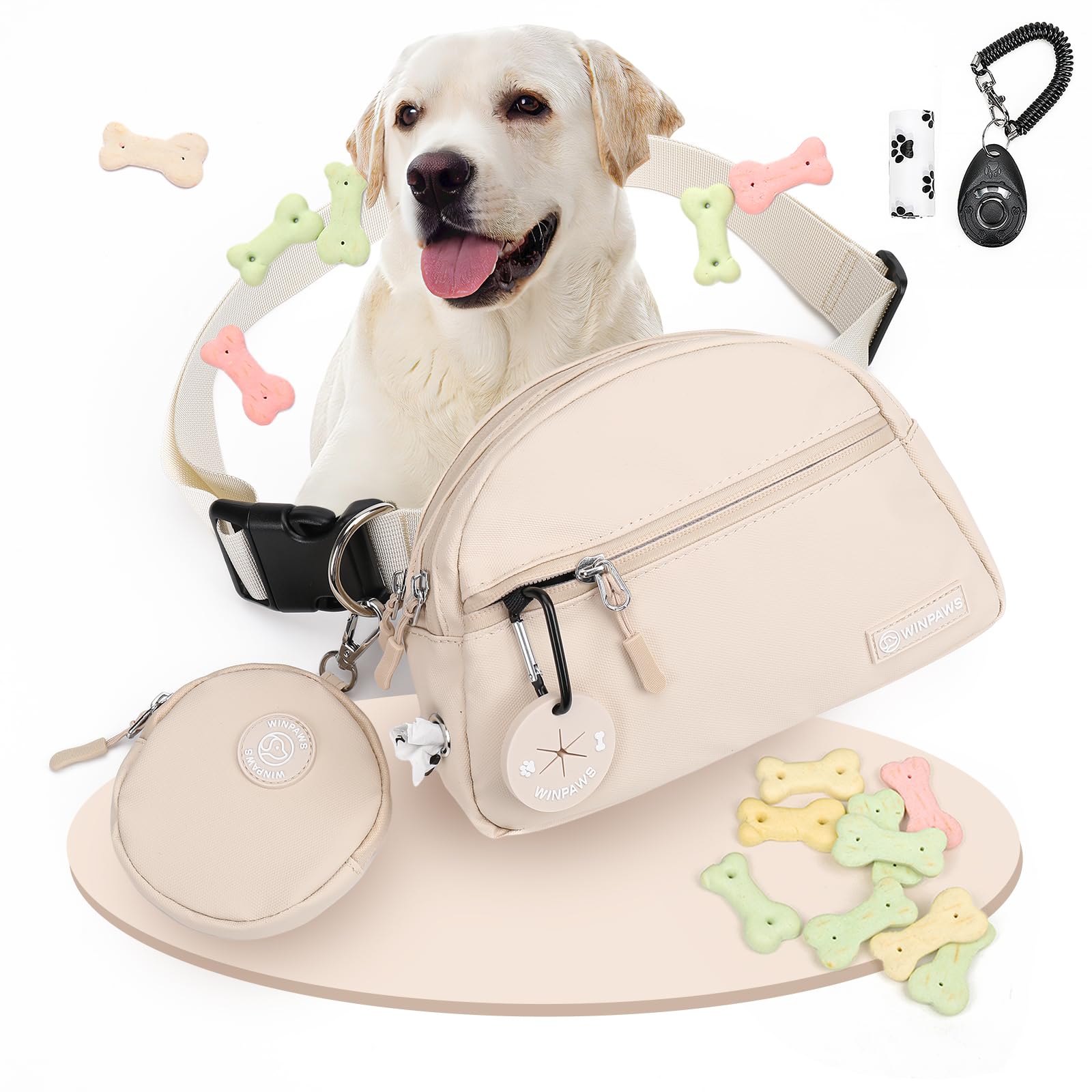 Leckerlibeutel für Hundetraining, mit kleinem, rundem Beutel, integriertem Kotbeutelspender und Hundekotbeutelhalter, cremefarben