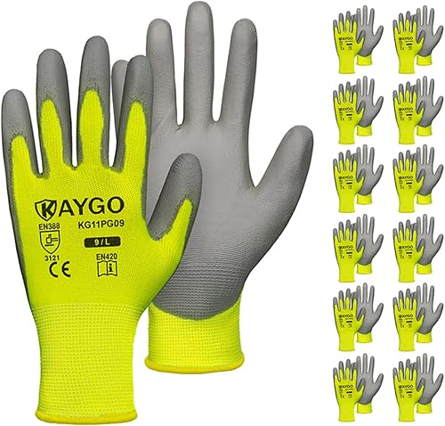 KAYGO - Guantes de trabajo de seguridad de poliuretano revestido - 12 pares, KG11PB