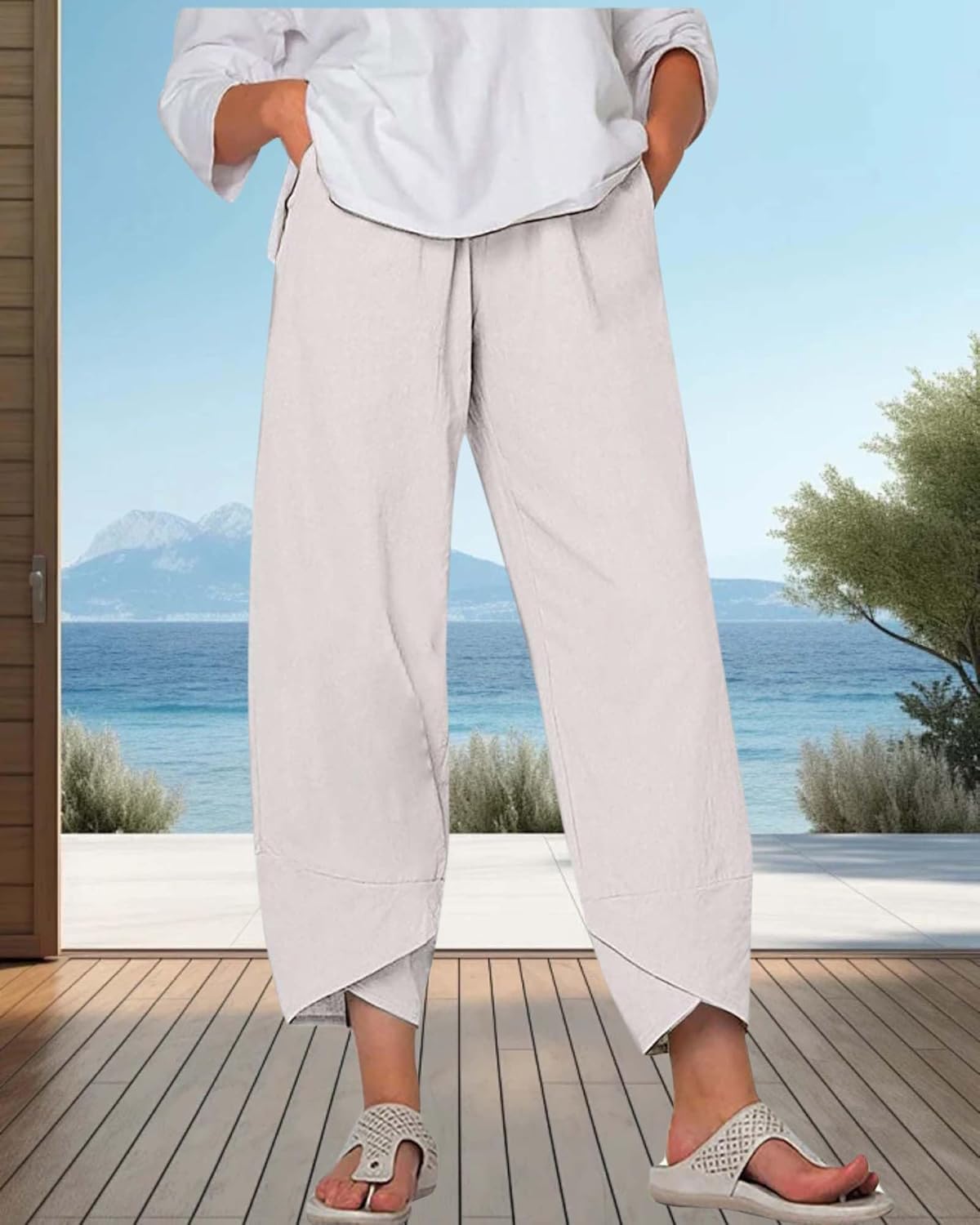 Cotton Linen Summer Casual Capri Pants for Women Printed Waist Wide Leg Palazzo Cropped Baggy Trousers with Pockets - Image 4