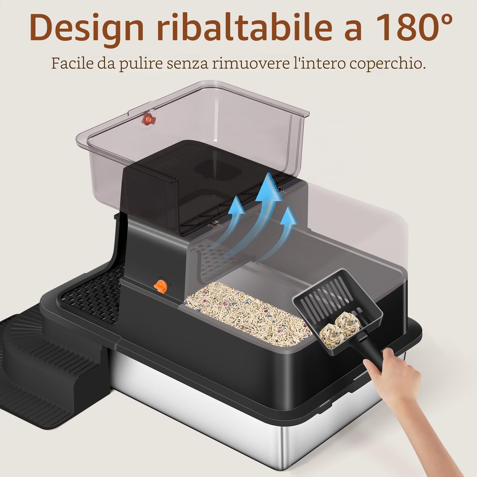 Lettiera per gatti in acciaio inox, con parete laterale alta, in metallo, con marcia filtrata, gradino, pala, non adesiva, inodore, facile da pulire (nero)