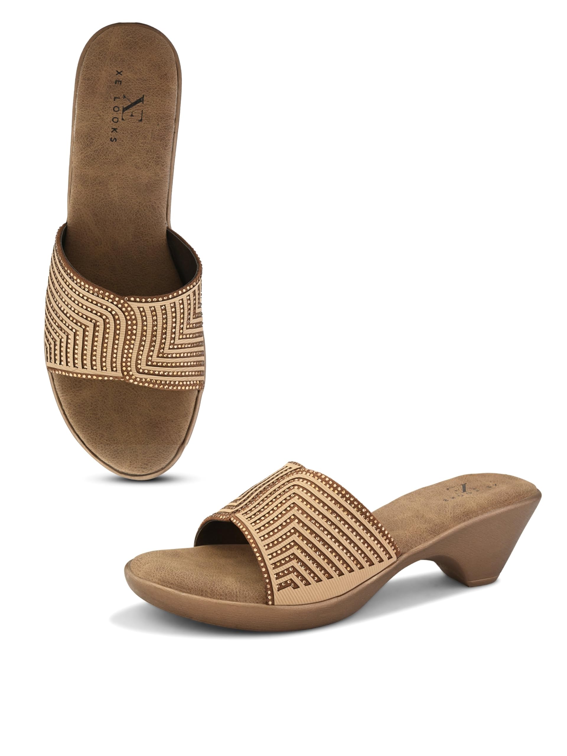 Wedge Slide Sandals for Women | Pleated Upper Strap with Chevron Cut-Out Pattern & Subtle Stud Embellishments | Cushioned Footbed & Slip-On Mid Wedge Heel | Lightweight All-Day Comfort-image-9
