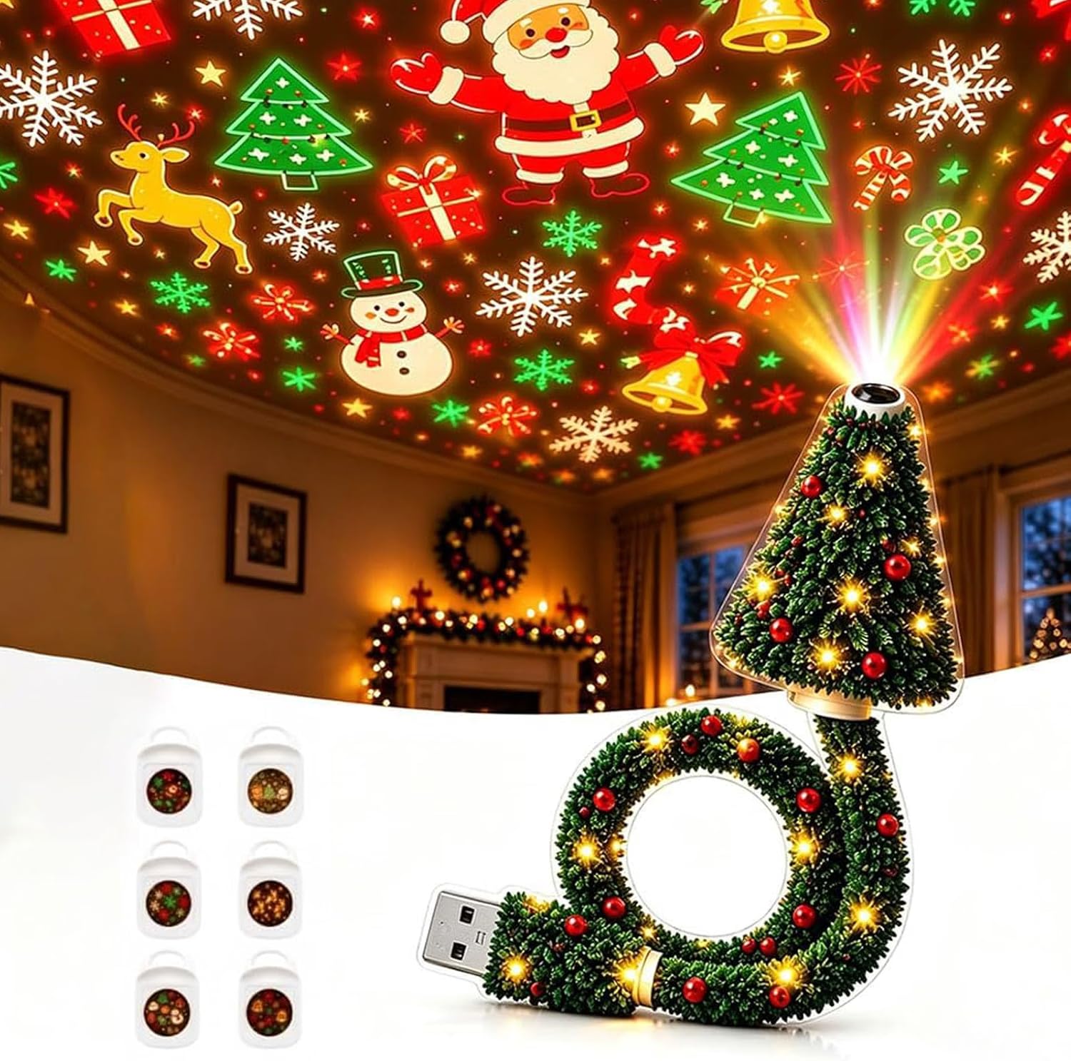 Christmas Tree Projection Night Light, Christmas Tree Ceiling Projector, USB Christmas Projector Light Indoor, Plug and Play HD Christmas Projector, Various Festive Patterns, for Bedroom, Living Room