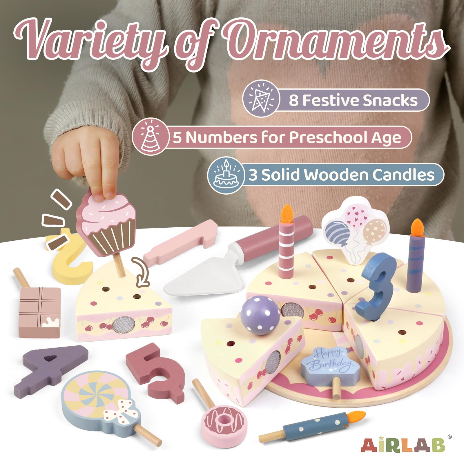 Airlab Torta da Tagliare Giocattolo, Accessori Cucina Giocattolo Legno per Bambini Bambina, Set Cibo Finto Giocattolo per Cucina Bambini, Regalo Bambino Compleanno Pasqua Halloween Natale 3 4 5+ Anni