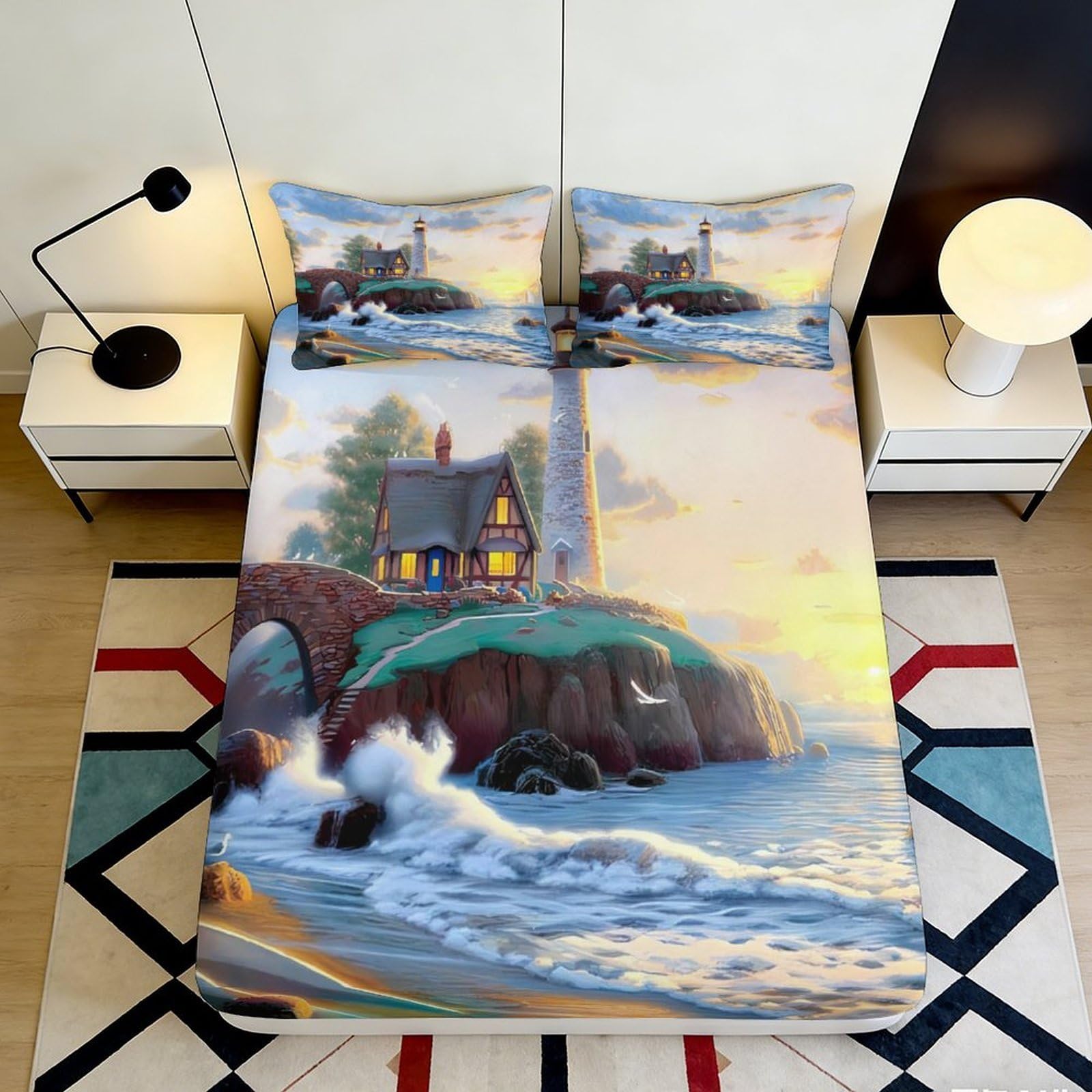 3D Printed Lighthouse Seaside Fitted Sheet Microfiber Soft Breathable Cottage Coast Bed Cover for Bedroom Home Decor 90x200x25cm