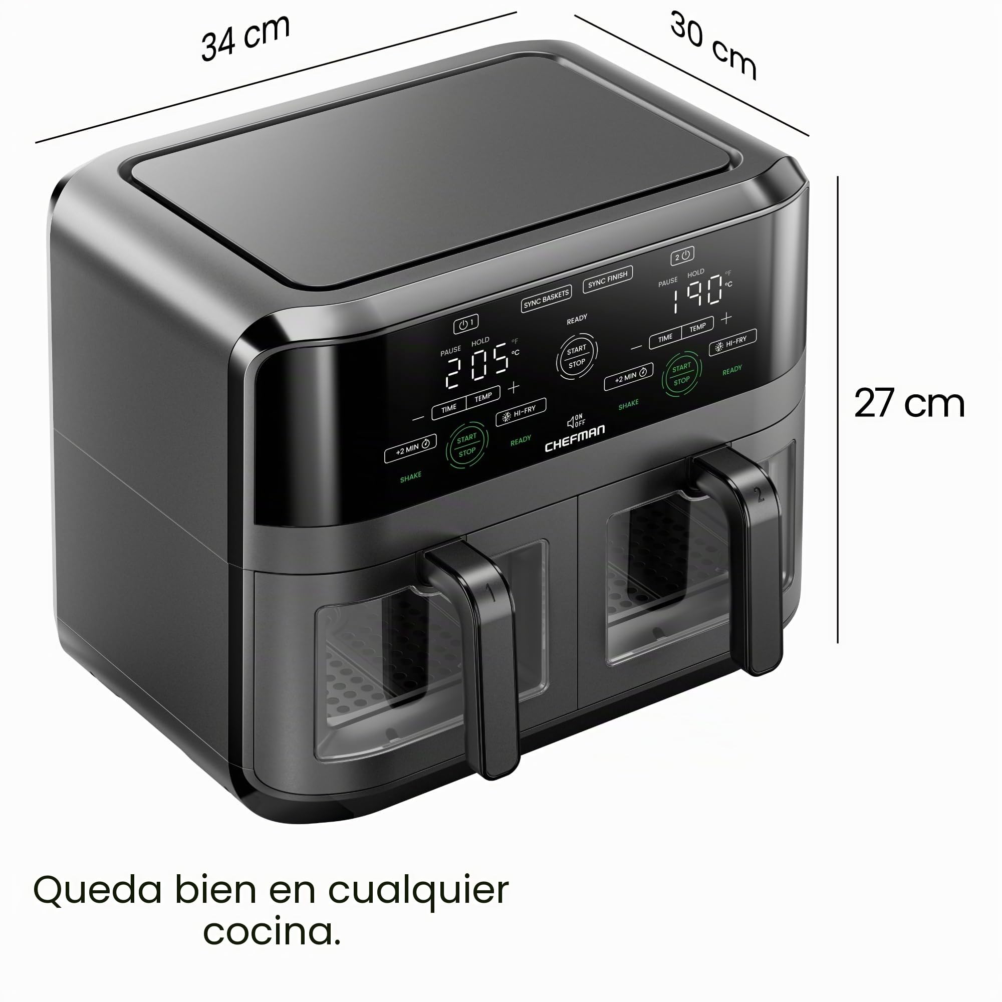 CHEFMAN Horno Freidora de Aire de 5,6L con Cestas Duales y Ventanas de Fácil Visualización, Sincronización de Finalización, Hi-Fry, Apagado Automático, Cestas Antiadherentes Apto para Lavavajillas