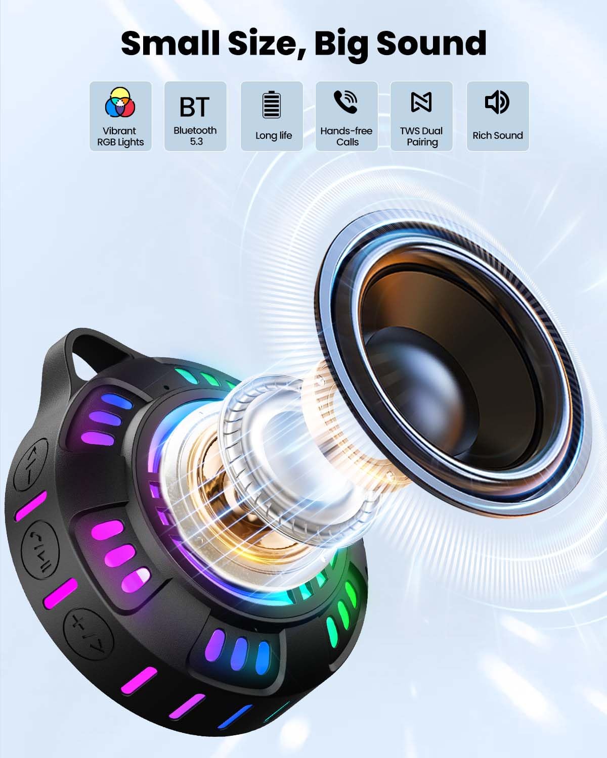 JTEMAN Altoparlante da doccia Bluetooth impermeabile portatile, IPX7, altoparlante esterno impermeabile con 7 modalità di luce LED, ventosa e moschettone, altoparlante wireless galleggiante per