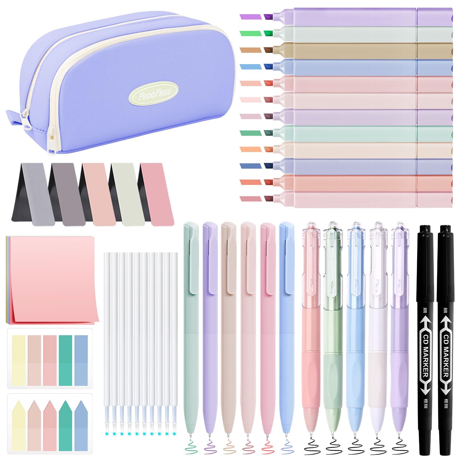 YIBONIKA 44 PCS Aesthetic School Supplies with Pen Case, 6 Colour Pens, 12 Pastel Highlighters, 5 Black Pens, Bookmarks, Essentials Stationery Set for Students Back to School Supplies (Blue)