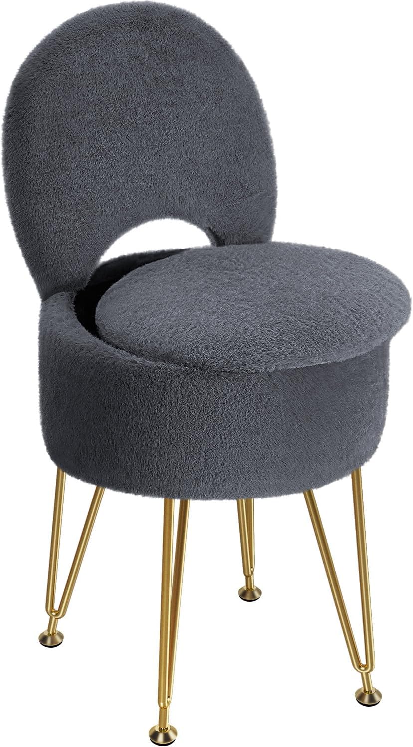 GREENSTELL Small Vanity Stool Chair with Storage and Folding Back, 13" x 13" x 17.7" Faux Fur Soft Ottoman for Teenager, 4 Metal Legs with Anti-Slip Feet, Furry Padded Seat for Makeup, Bedroom, Grey